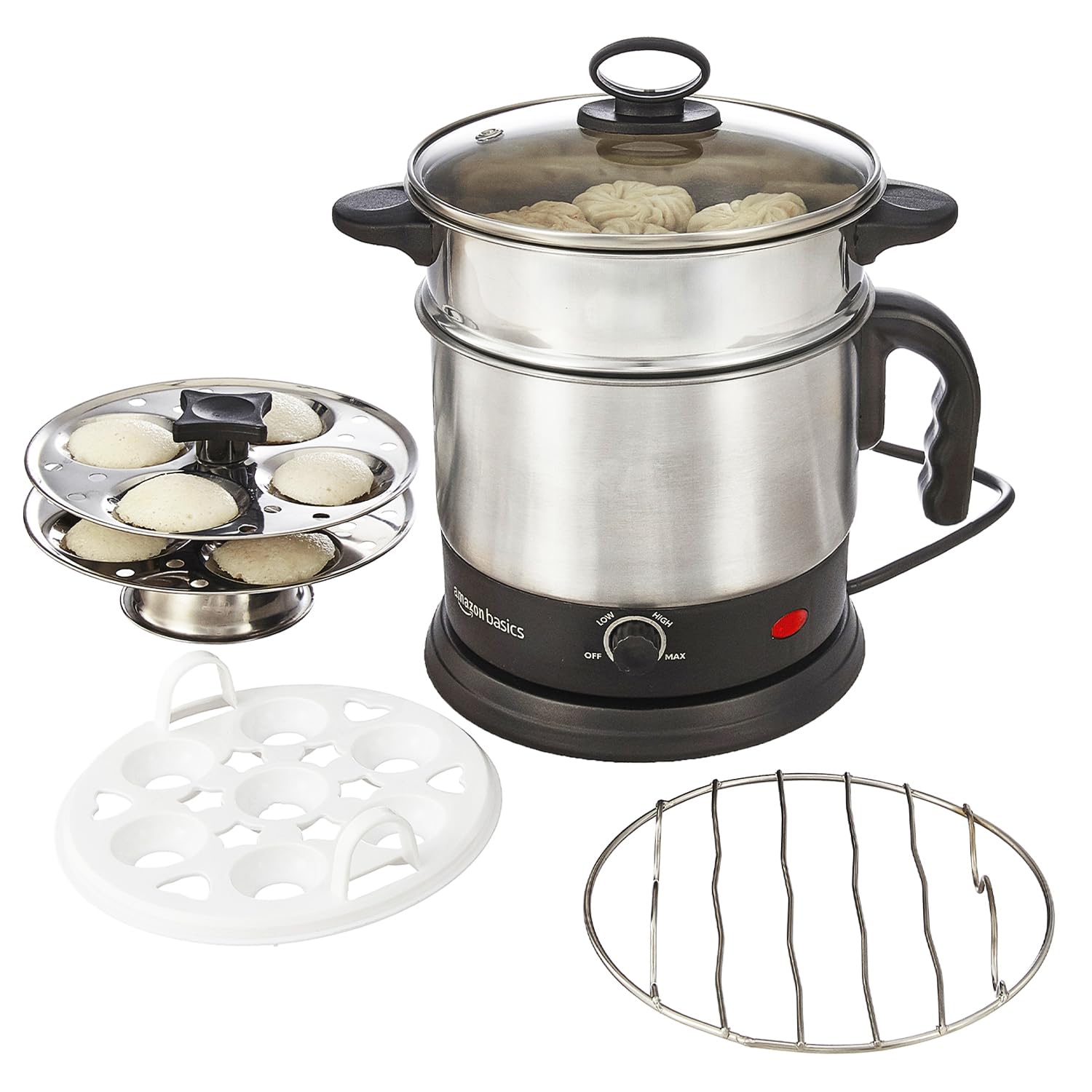 Amazon Basics Multi-Kettle Steamer 1.2L | Adjustable Power Modes 600 W | 7 - Egg Tray, Idli Tray, Iron Grill And Steamer | Ss 20