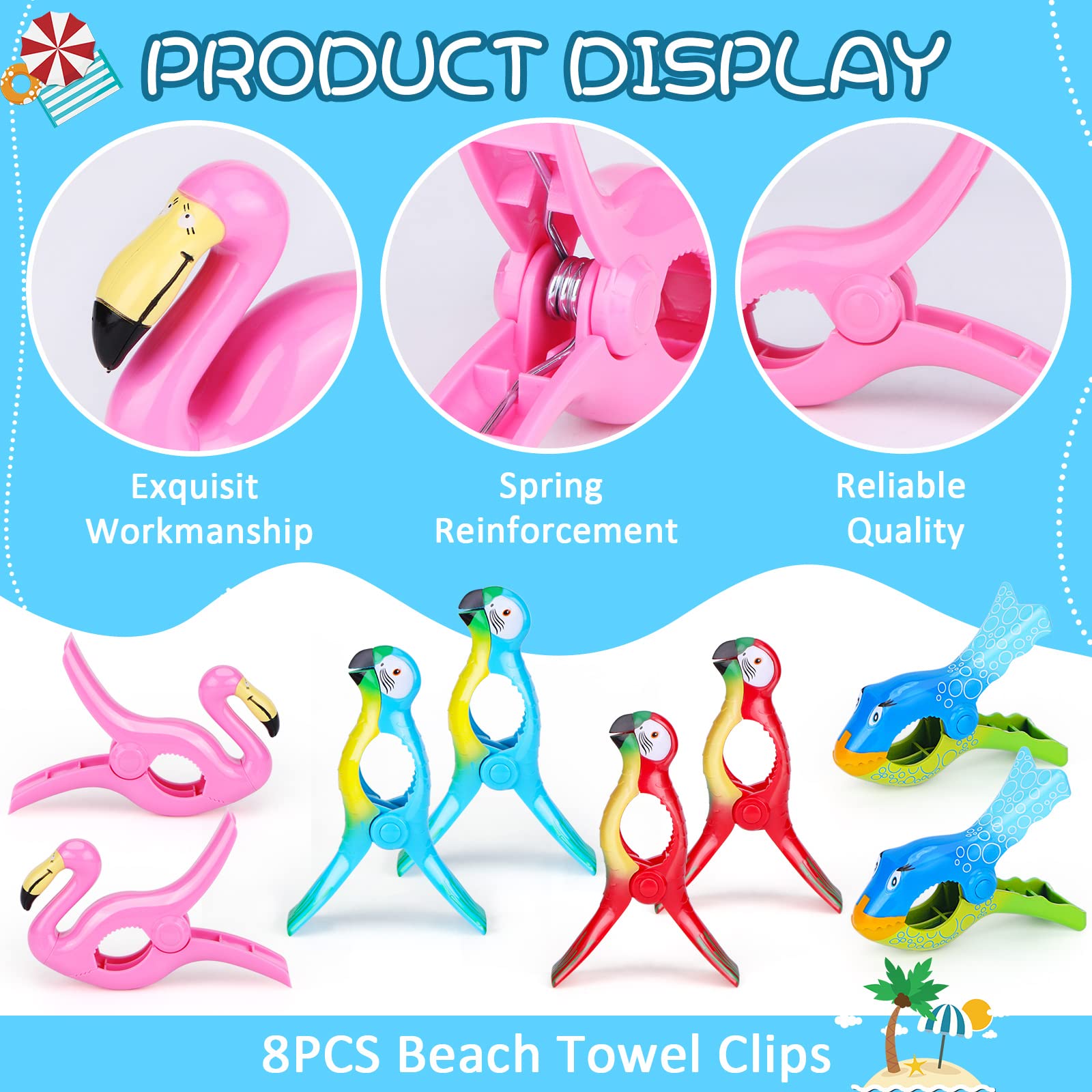 8 Pcs Beach Towel Clips Flamingo Parrot Chair Holders Portable Beach Chair Clips Cute Clothes Pins Bright Colors Jumbo Size Towe