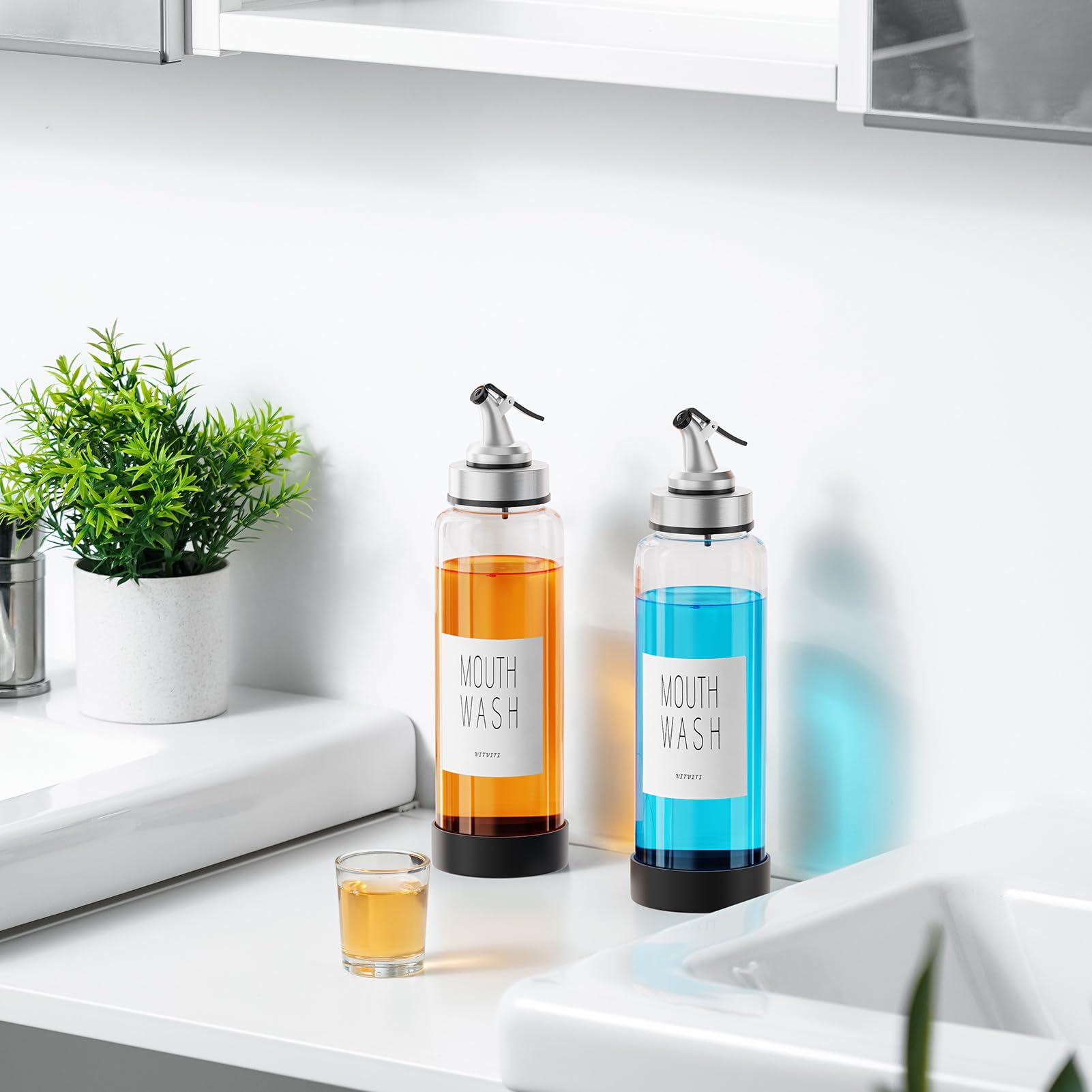 Vitviti Mouthwash Dispenser For Bathroom, Glass Mouth Wash Container With 2 Glass Cups, Press Lid 17Oz Clear Refillable Mouthwas