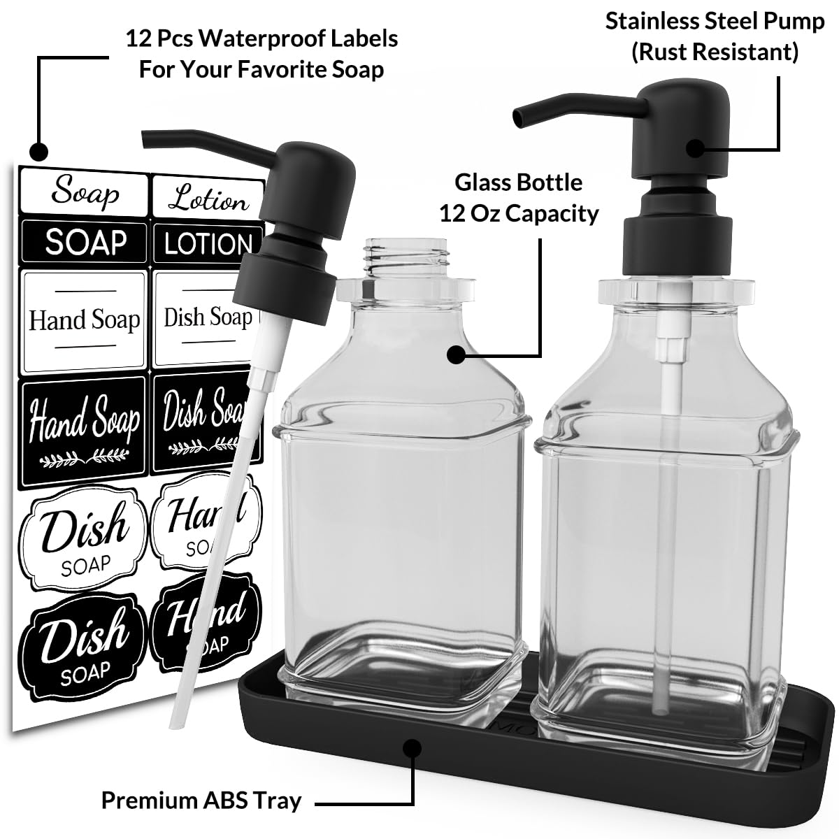 Lmqml Soap Dispenser - 2 Pack, Antique Design Thick Glass Hand Soap Dispensers With Sturdy Tray; 304 Rust Proof Stainless Steel