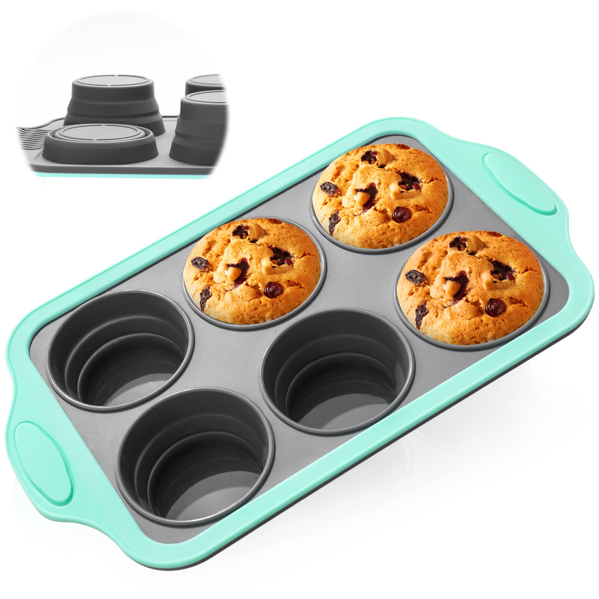 Vynium Muffin Pans for Baking 6 Cups, Silicone Foldable Muffin Pan with Metal Frame, Collapsible Cupcake Pan, Egg Bite Molds, Mu