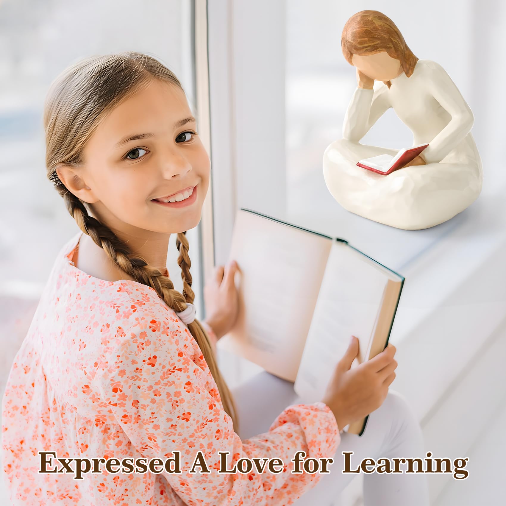 Cuayaes Reading Thinker Statue Book Lover Gifts for Women Readers, Graduates, Students, Teachers, Bookshelf Decor Aesthetic Scul