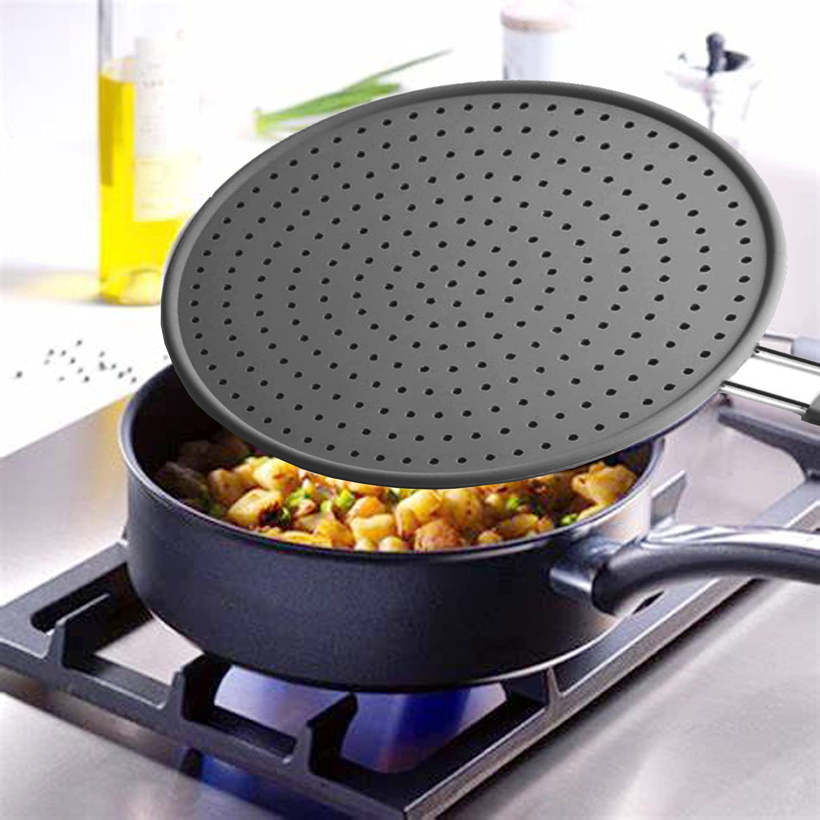 Baiouda Silicone Splatter Screen Pan Cover 11 In , High Heat Resistant Oil Splash Guard, Heat Insulation Cooling Mat, Strainer,