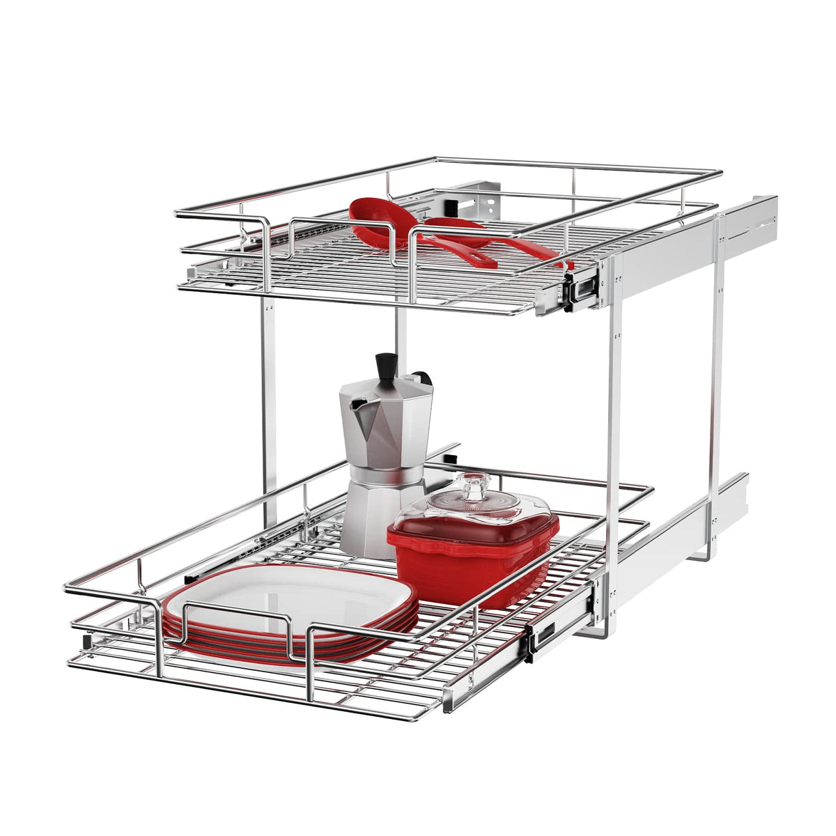 Roomtec Individual Pull Out Cabinet Organizer (11'' W X 18'' D), 2 Tier Spice Rack Organizer For Cabinet, Slide Out Drawer Pantr