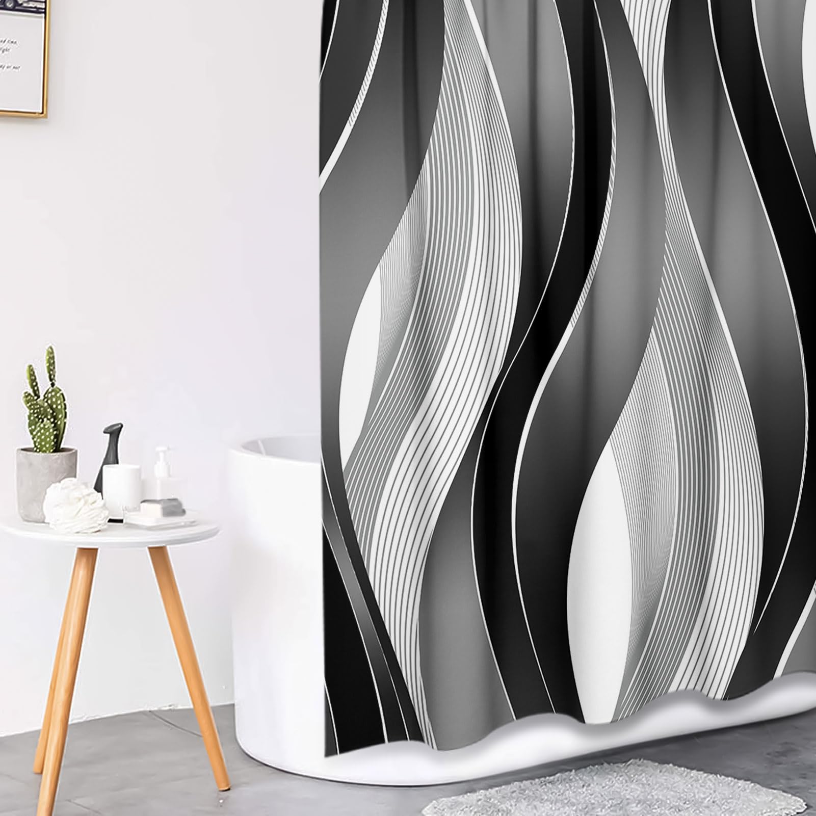Tayney Grey Black Wavy Line Shower Curtain Set With Toilet Lid Cover And Non-Slip Rugs For Bathroom, Abstract Stripes 4 Pcs Show