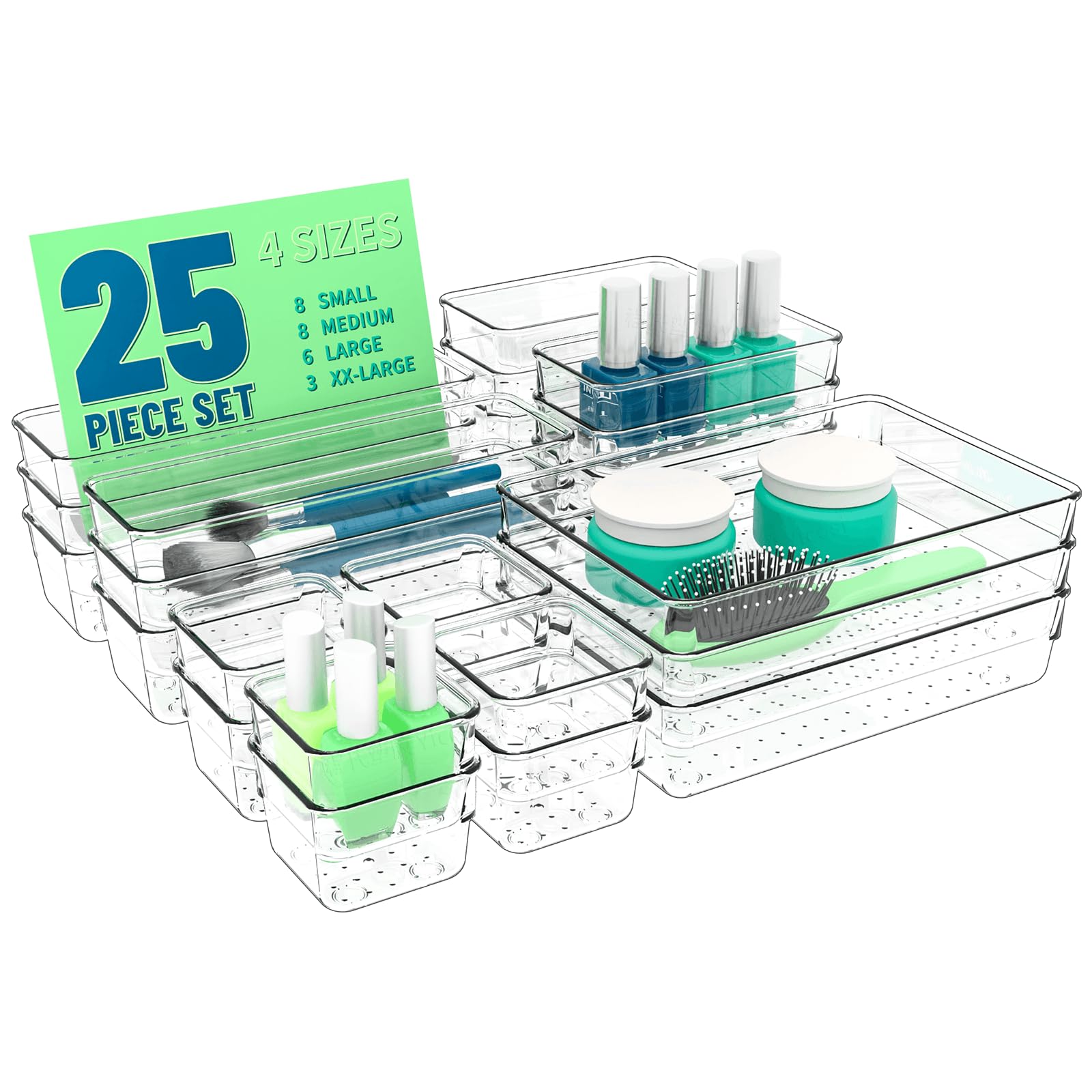 Yieach 25 Pcs Drawer Organizer Set,4 Sizes Clear Plastic Organization and Storage,Clear Kitchen Drawer Organizer and Vanity Orga