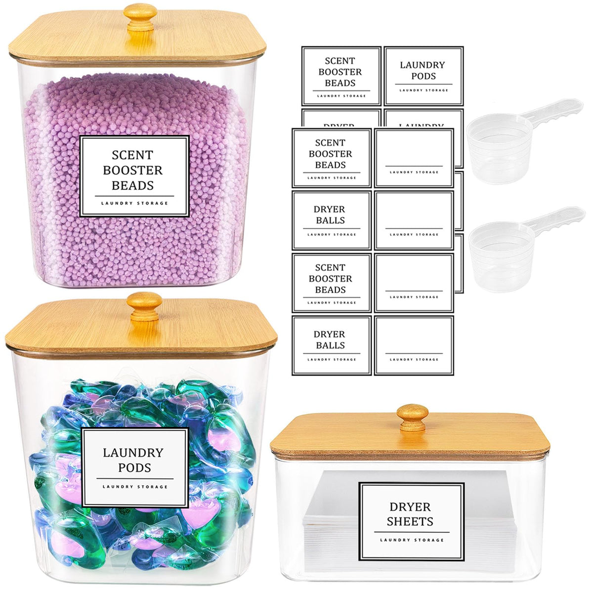 2+1 Pack Laundry Pods Container,Clear Laundry Detergent Powder Storage Containers,Laundry Room Organization Containers With Wood