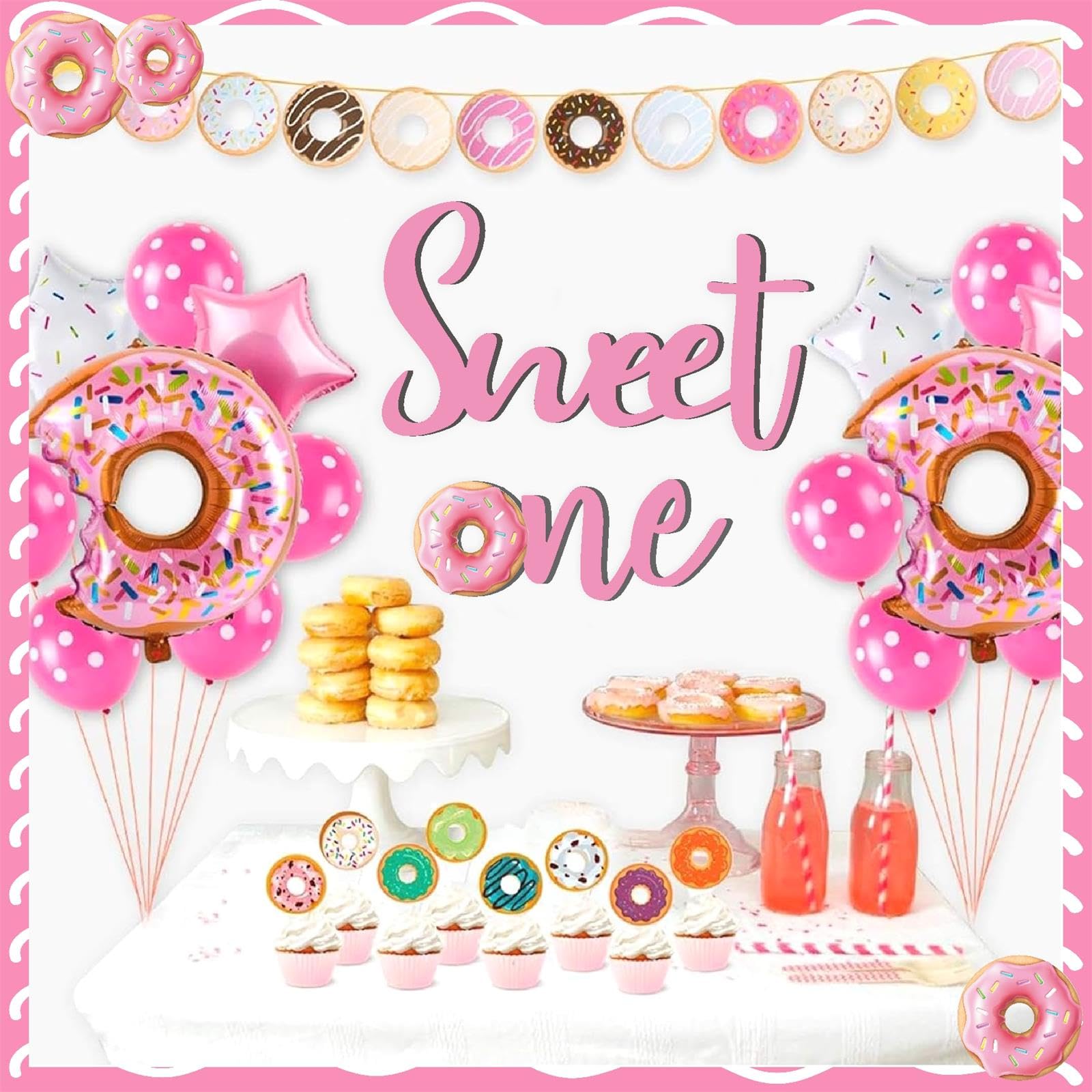 Wooden Sweet One Birthday Sign Decals For Backdrop Baby Girls First Birthday Decorations Donut Birthday Party Supplies For 1 Yea