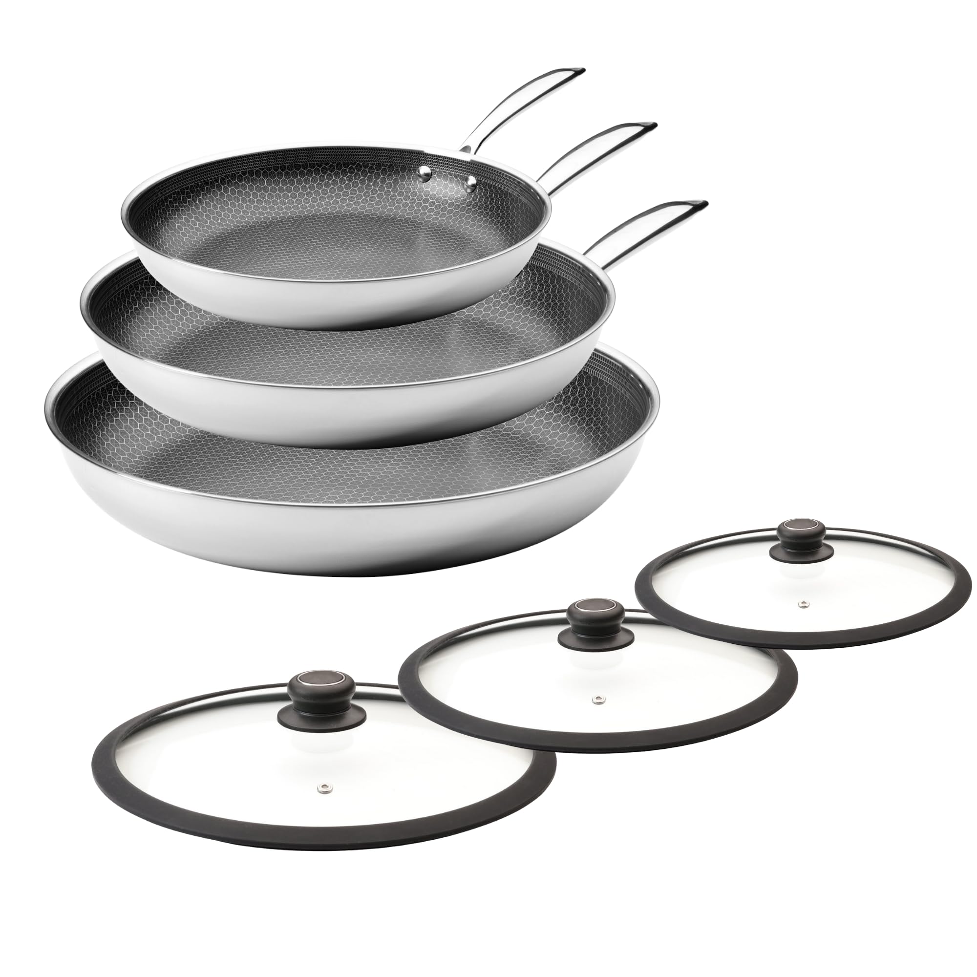 Black Cube Hybrid Cookware Set  6 Piece Stainless Steel Non Stick, Quick Release Fry Pan Set with Lids  8, 11, 12.5 Pans  