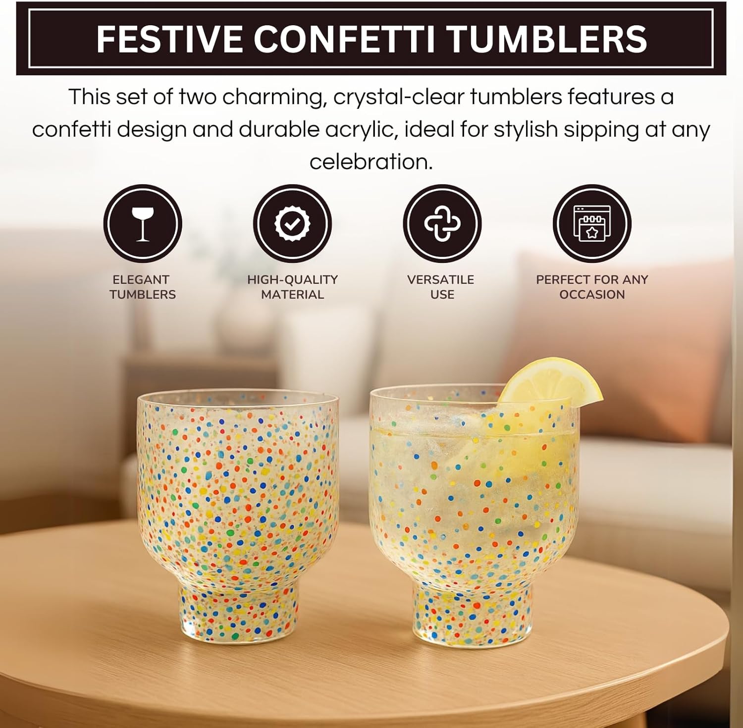 Khen Confetti Stemless Tumblers Set Colorful Drinkware - 12oz Clear