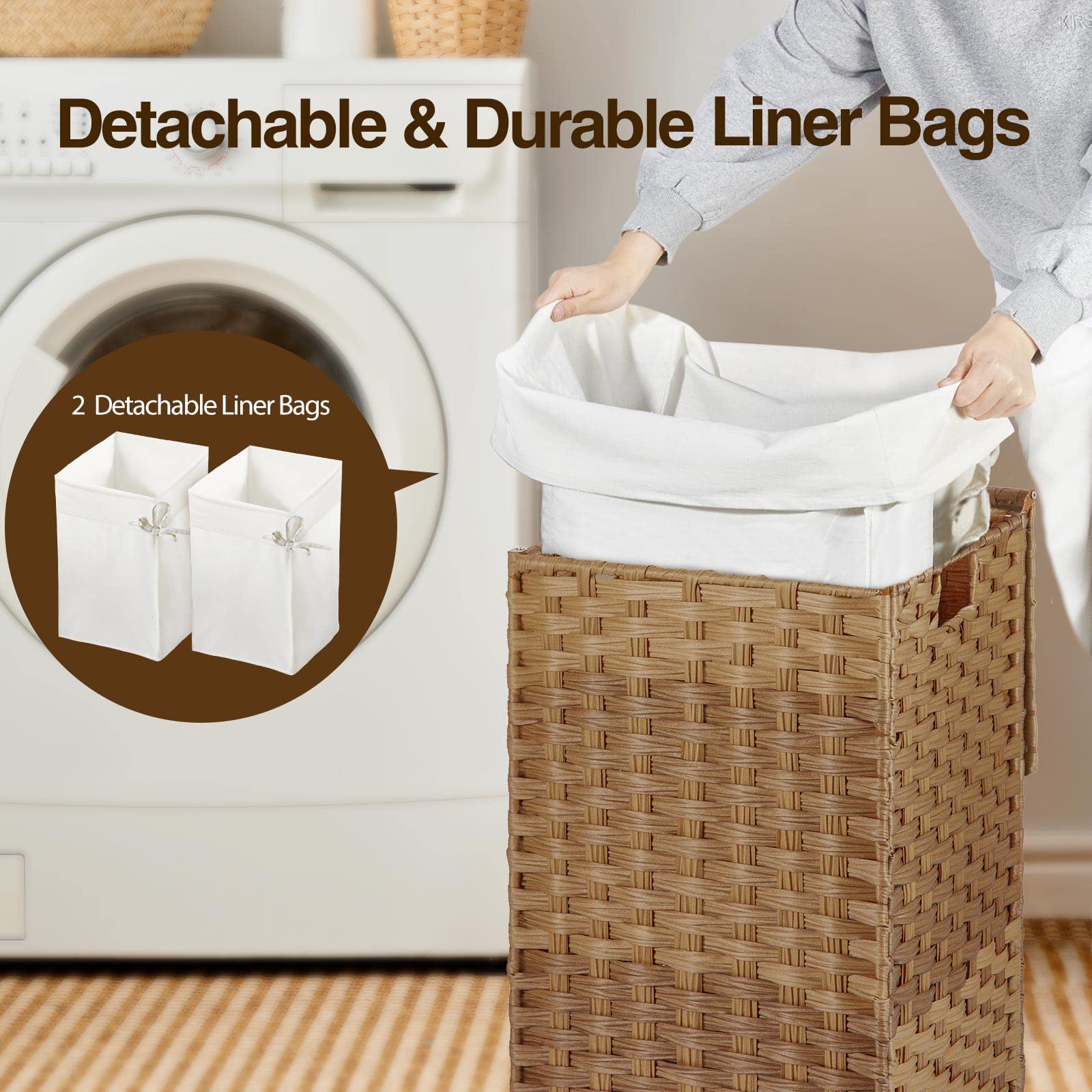 Greenstell Laundry Hamper With Lid, 60L Clothes Hamper With 2 Removable Liner Bags & 2 Mesh Laundry Bags, Handwoven Synthetic Ra