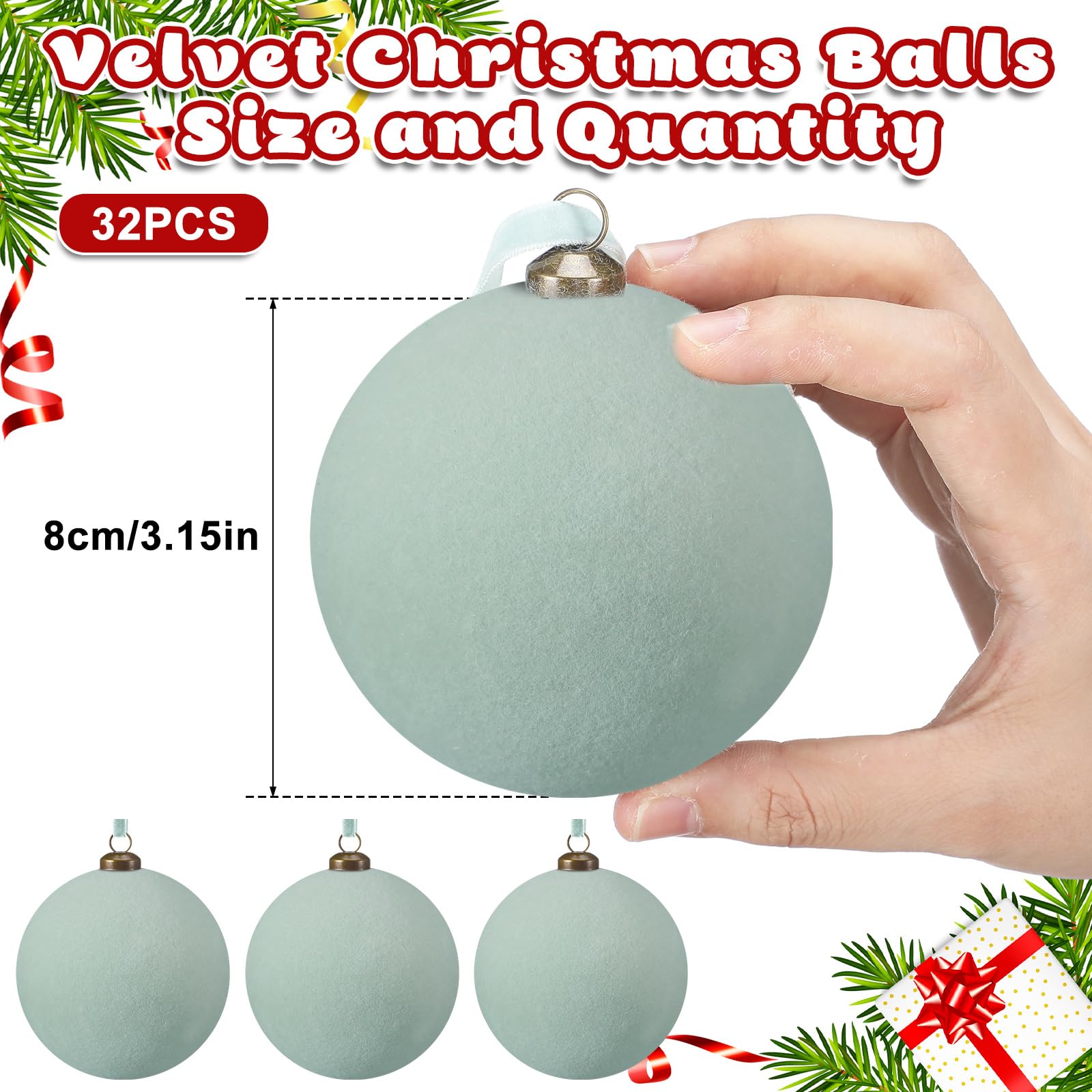 Arrowbash 32 Pcs Sage Green Velvet Christmas Balls Bulk - 3.15 Inch Flocked Christmas Tree Ball Ornaments Xmas Shatterproof Hang