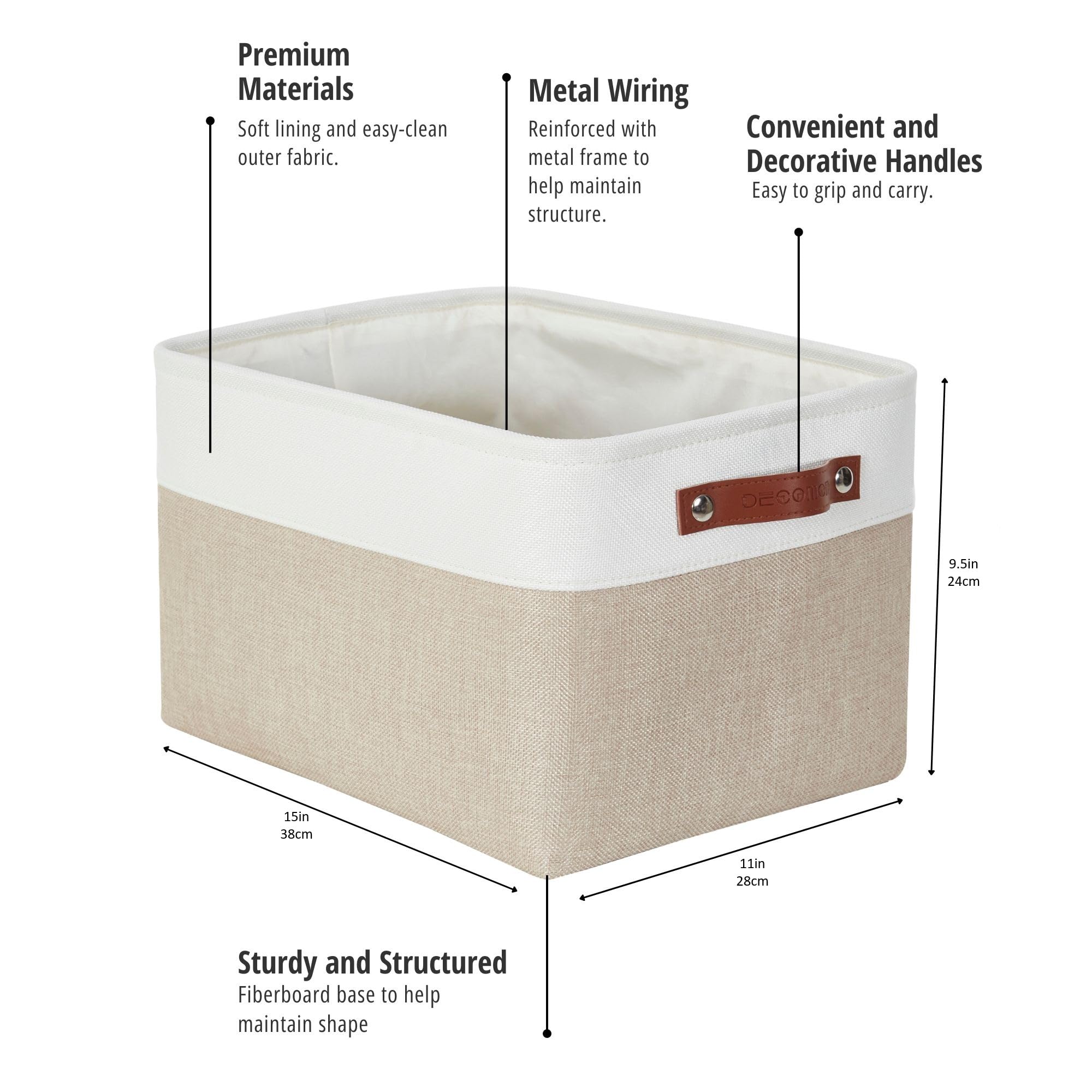 DECOMOMO Storage Baskets for Shelves - Fabric Storage Bins, Linen Closet Organizers and Storage (Beige & White, Large - 4 Pack)