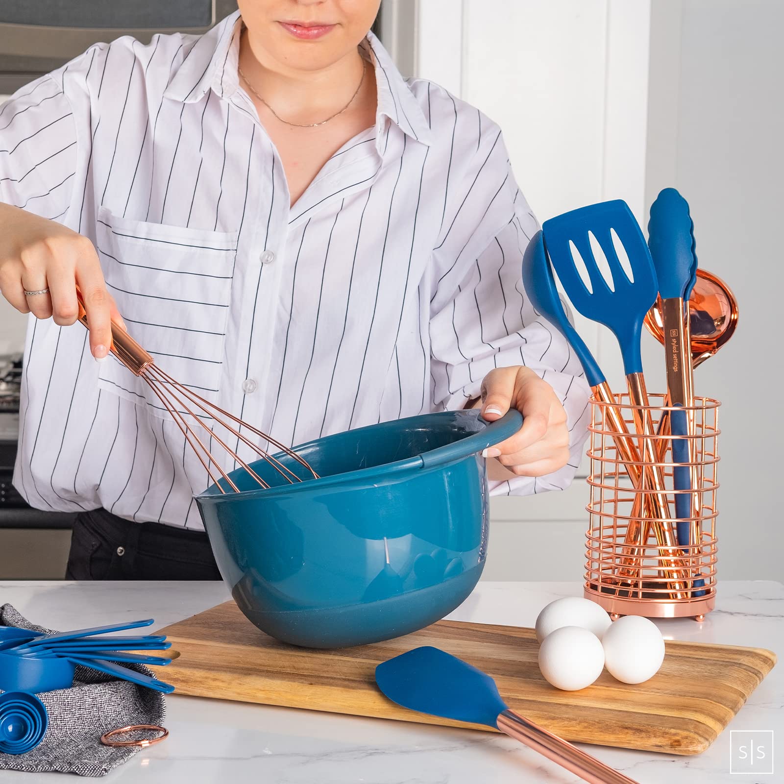 Copper And Blue Silicone Kitchen Utensils Set -17Pc Set Includes Copper Utensil Holder, Blue Measuring Cups & Spoons, Copper Kit