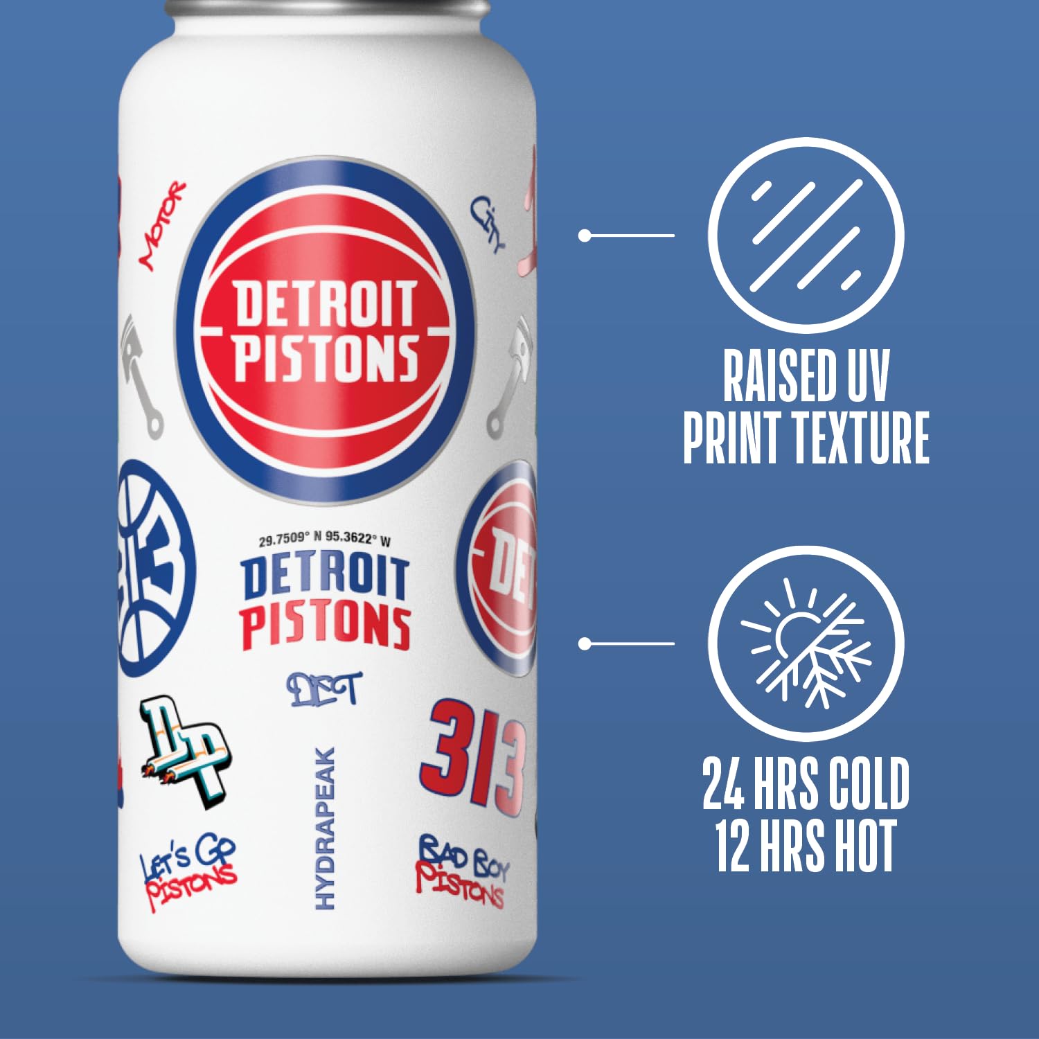 Hydrapeak x NBA Officially Licensed Detroit Pistons 32 oz Active Water Bottle with Chug Lid Reusable Stainless Steel Double Wall