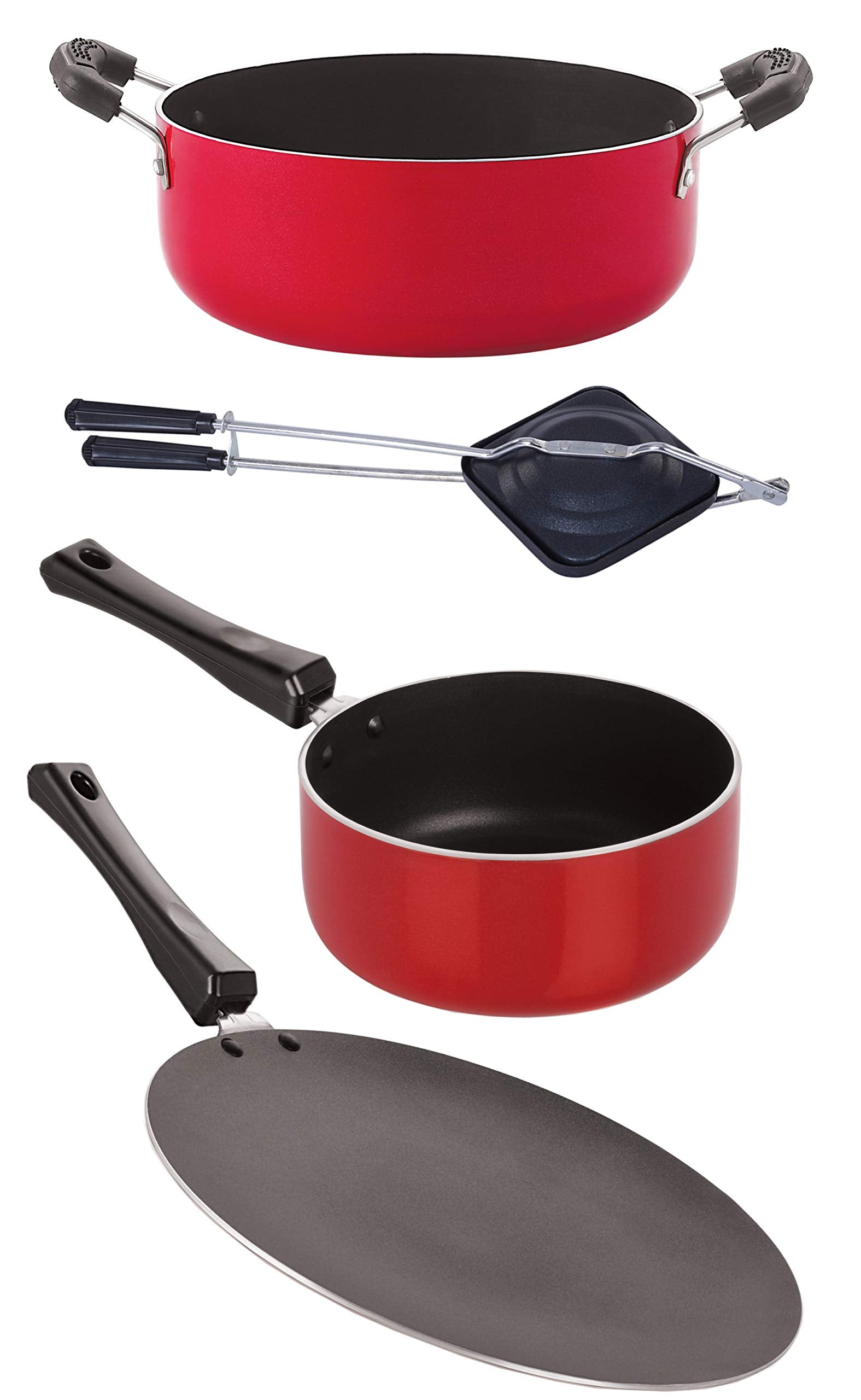 Nirlon Gas Compatible NonStick Aluminium Cookware 4 Pieces Set, Red/Black (1 Concave Tawa 27.5Cm /1 Sauce Pan (M)1.2 Ltr/1 Hand