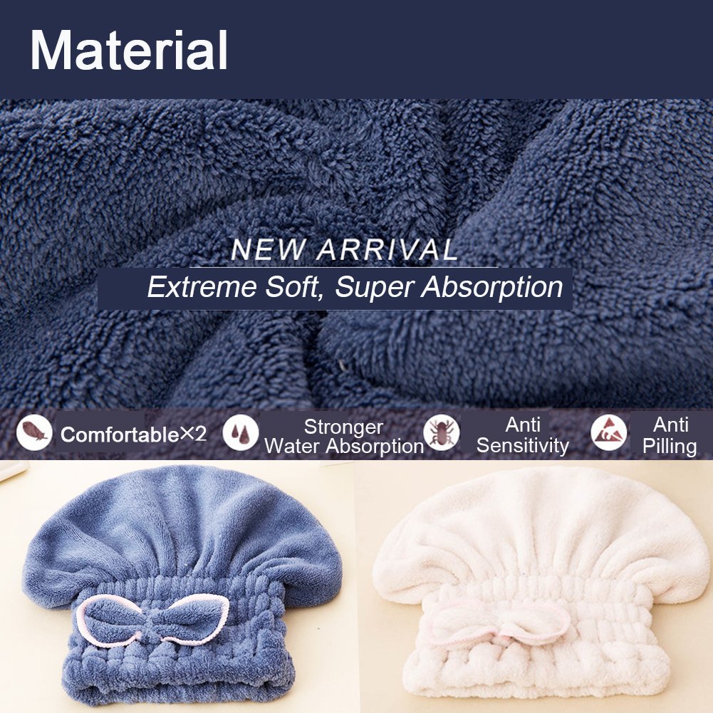 Jseng 2PC Microfiber Hair Drying Caps, Extrame Soft & Ultra Absorbent, Fast Drying Hair Turban Wrap Towels Shower Cap for Girls
