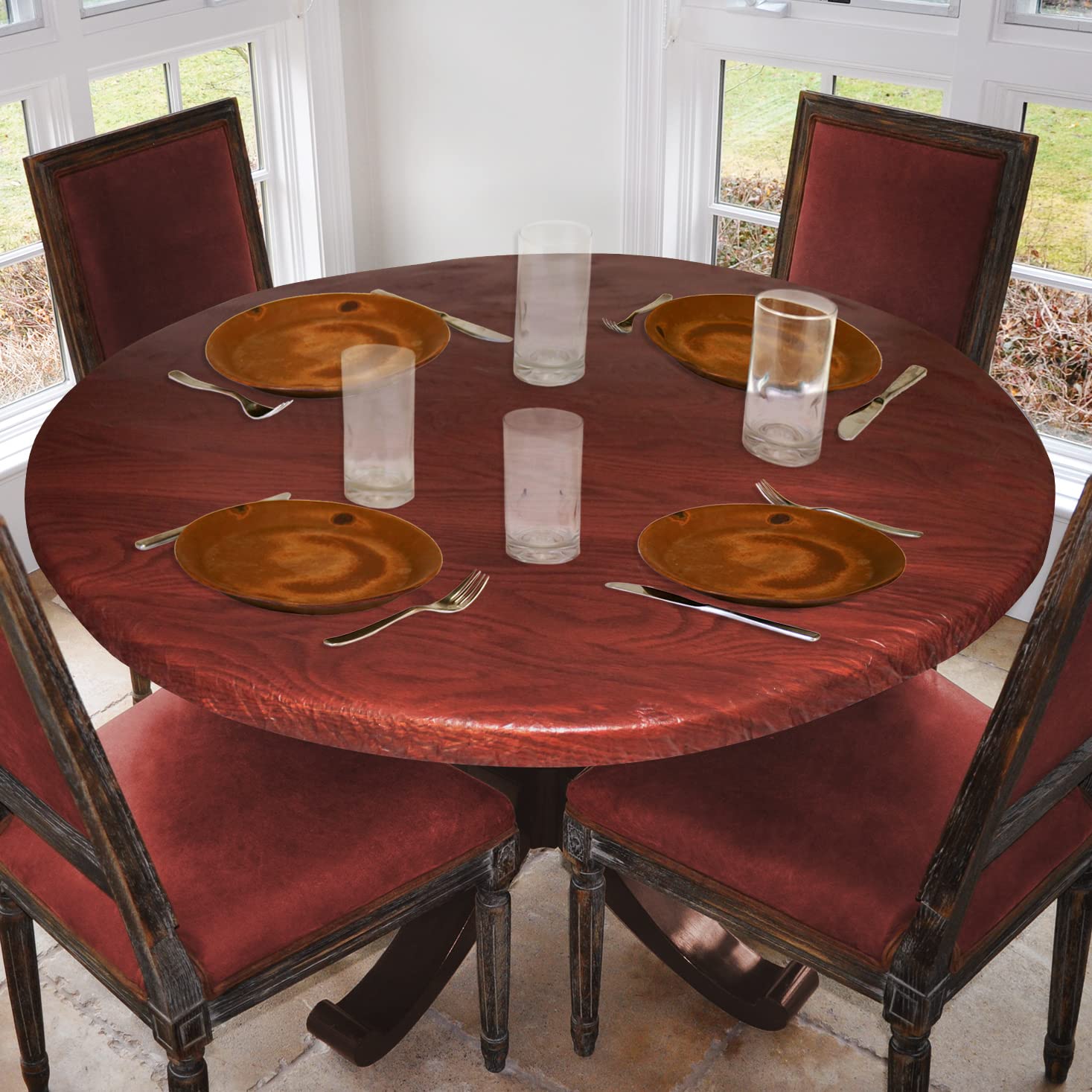 Covers For The Home Deluxe Elastic Edged Flannel Backed Vinyl Fitted Table Cover - Woodgrain (Mahogany) Pattern - Small Round - Fits Tables up to 40'' - 44'' Diameter