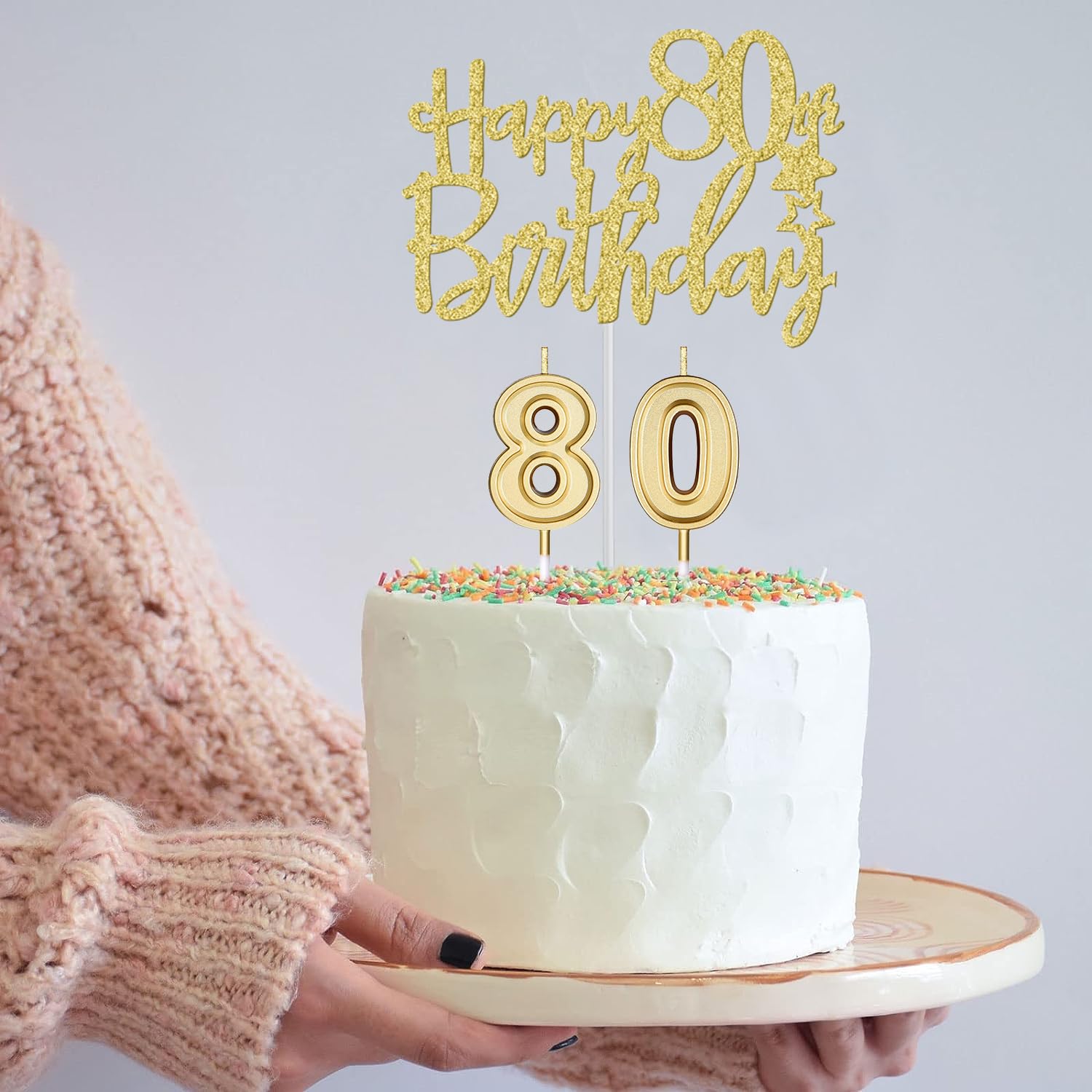 80Th Birthday Decorations For Women Gold With 80Th Birthday Sash And Tiara, 80Th Birthday Cake Topper And Birthday 80 Candles, B