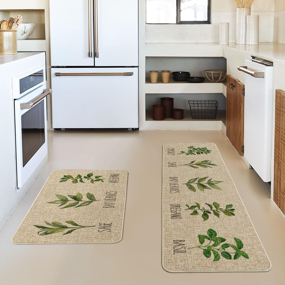 Artoid Mode Parsley Sage Oregano Basil Bay Leaves Decorative Kitchen Mats Set Of 2, Seasonal Holiday Party Low-Profile Floor Mat