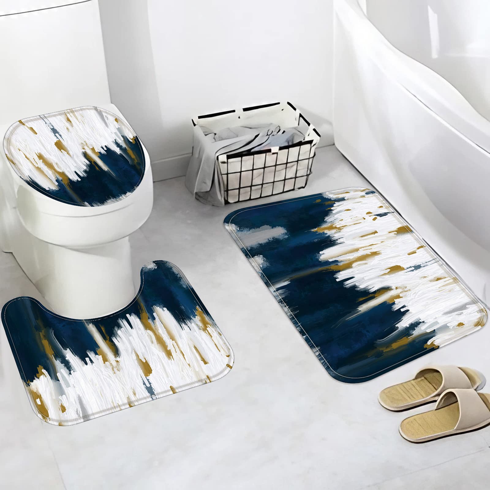 Fungarth 4 Pcs Navy Blue Shower Curtain Set With Rug Abstract Modern Simple Bathroom Sets With Waterproof Fabric Shower Curtain