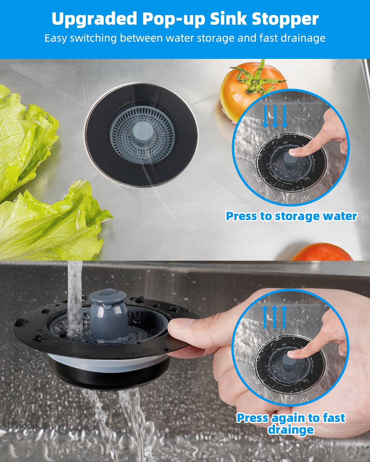 Hibbent Upgraded 3 In 1 Kitchen Sink Drain Strainer And Stopper Combo, Stainless Steel Metal Pop Up Sink Stopper, 3 Anti-Cloggin