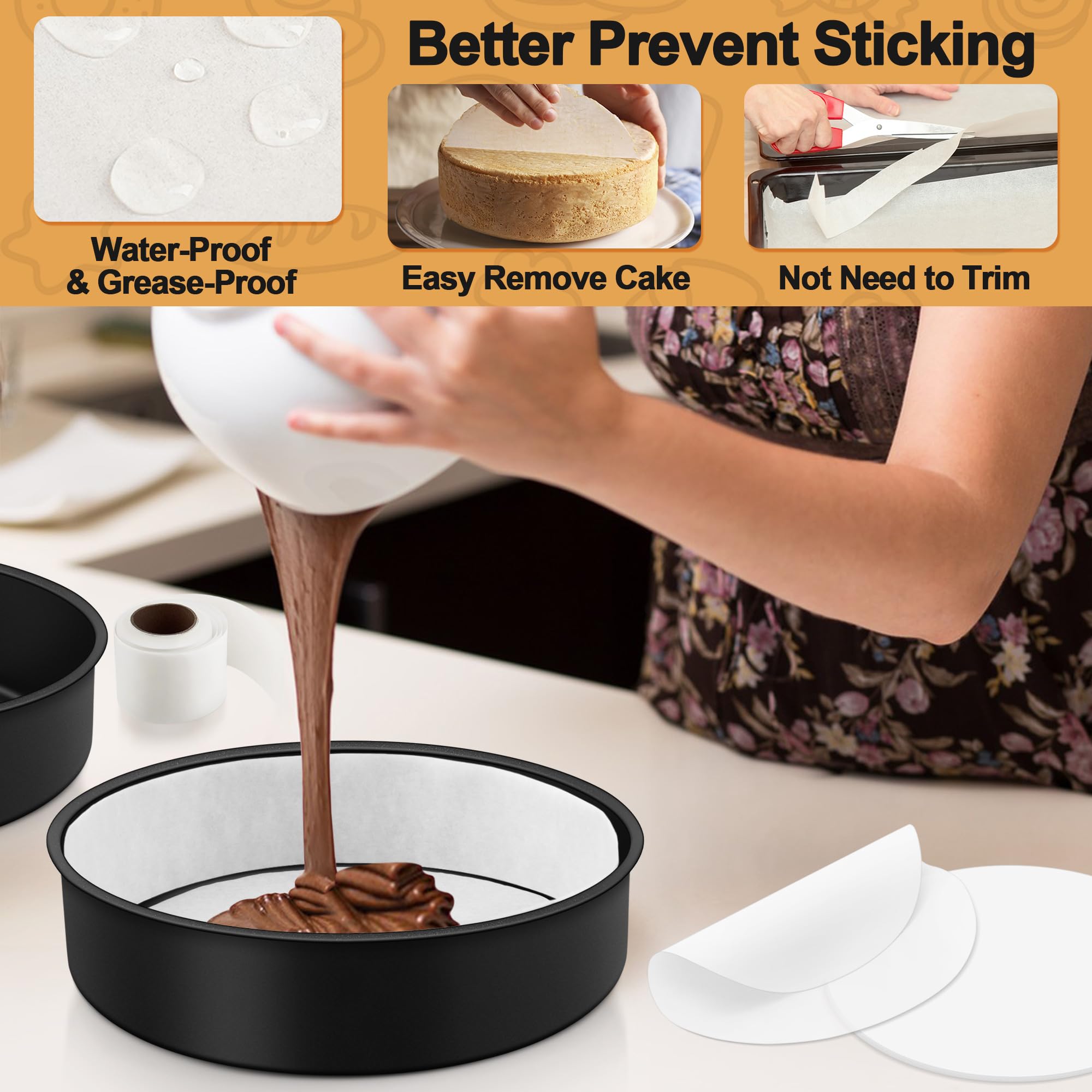 E-Far 9.5 Inch Cake Pans Set Of 2, Nonstick Stainless Steel Small Round Baking Pans With Parchment Paper & Side Liner Roll, Stai