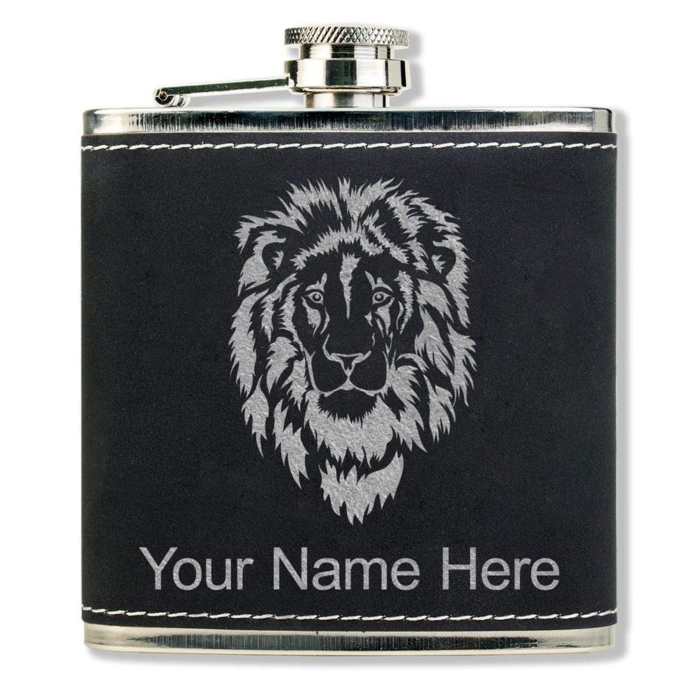 LaserGram Faux Leather Flask, Lion Head, Personalized Engraving Included (Black With Silver)