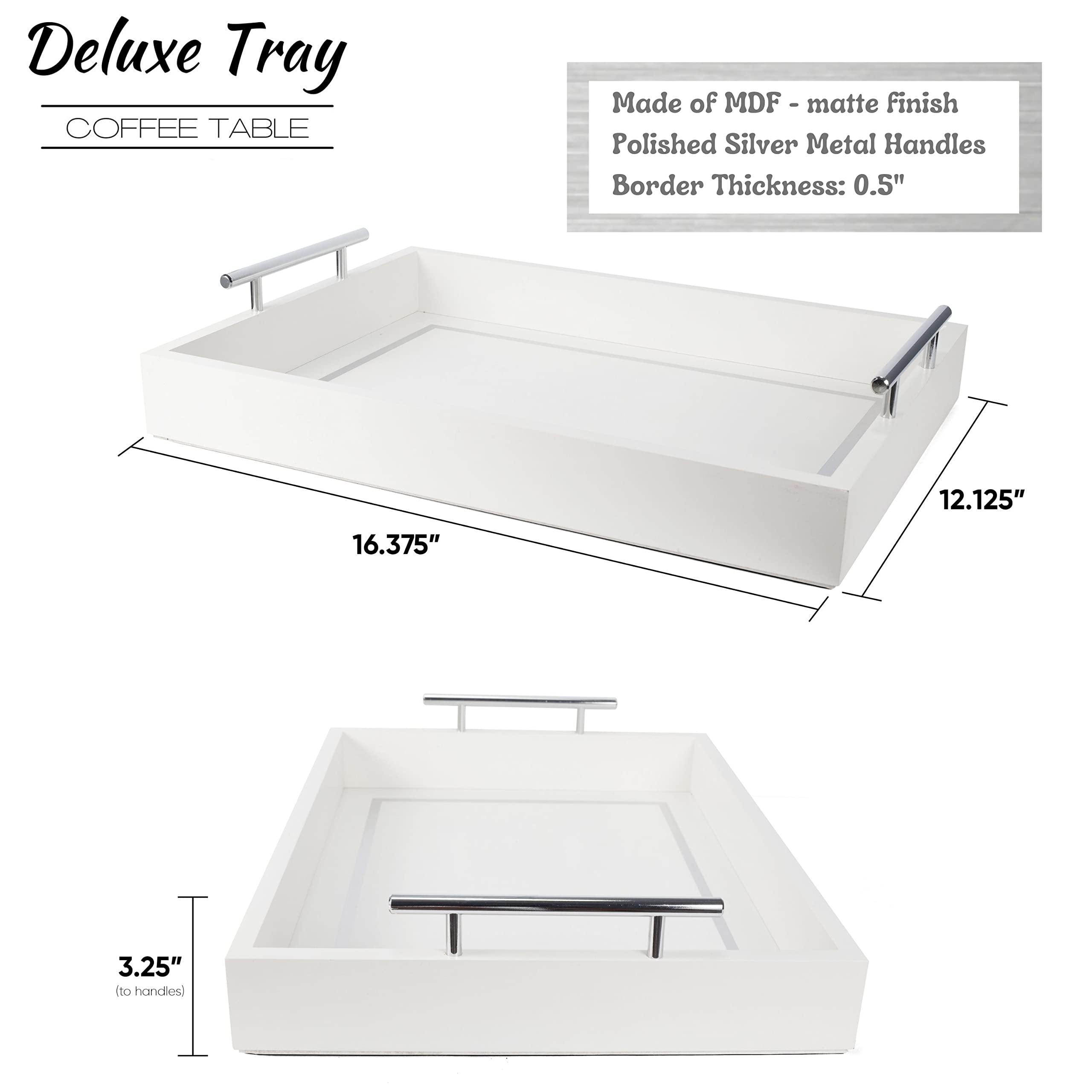 Deluxe Tray For Coffee Table - Beautiful White Tray Decor, White Coffee Table Tray Decor, White Serving Tray With Silver Metal H