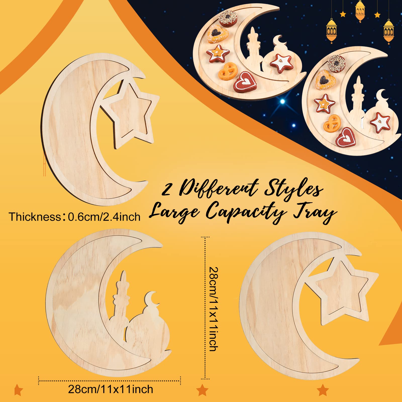 2 Pieces Ramadan Tray Eid Mubarak Tray Wooden Star Moon Shaped Ramadan Tray Islam Wooden Artistic Moon Star Dessert Tray Ramadan