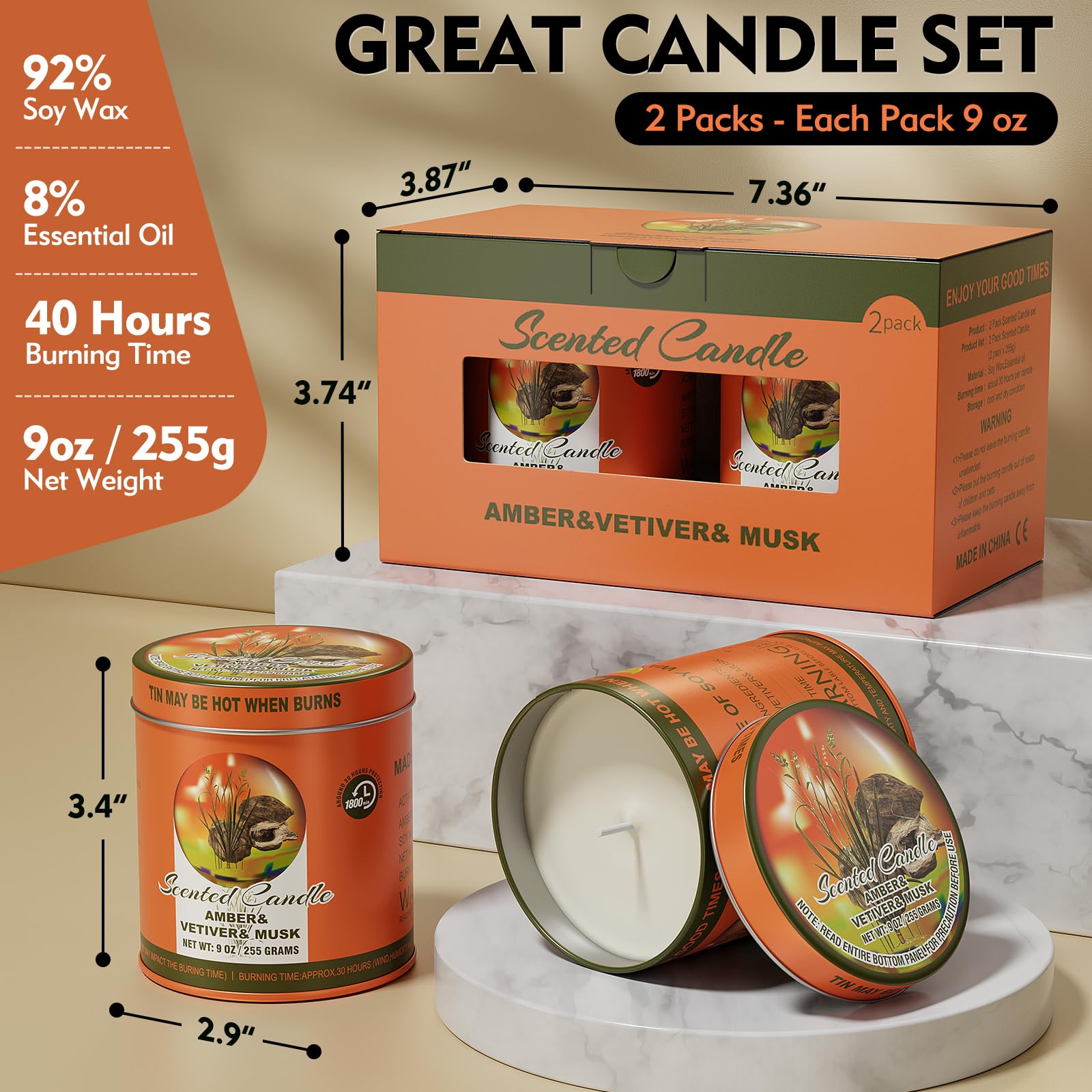 2 Pack Scented Candles (90 Total Burn Hours) - Soy Wax Candles 9 oz Each in Tin - Long Lasting Aromatherapy Candle Gift Set (Amb