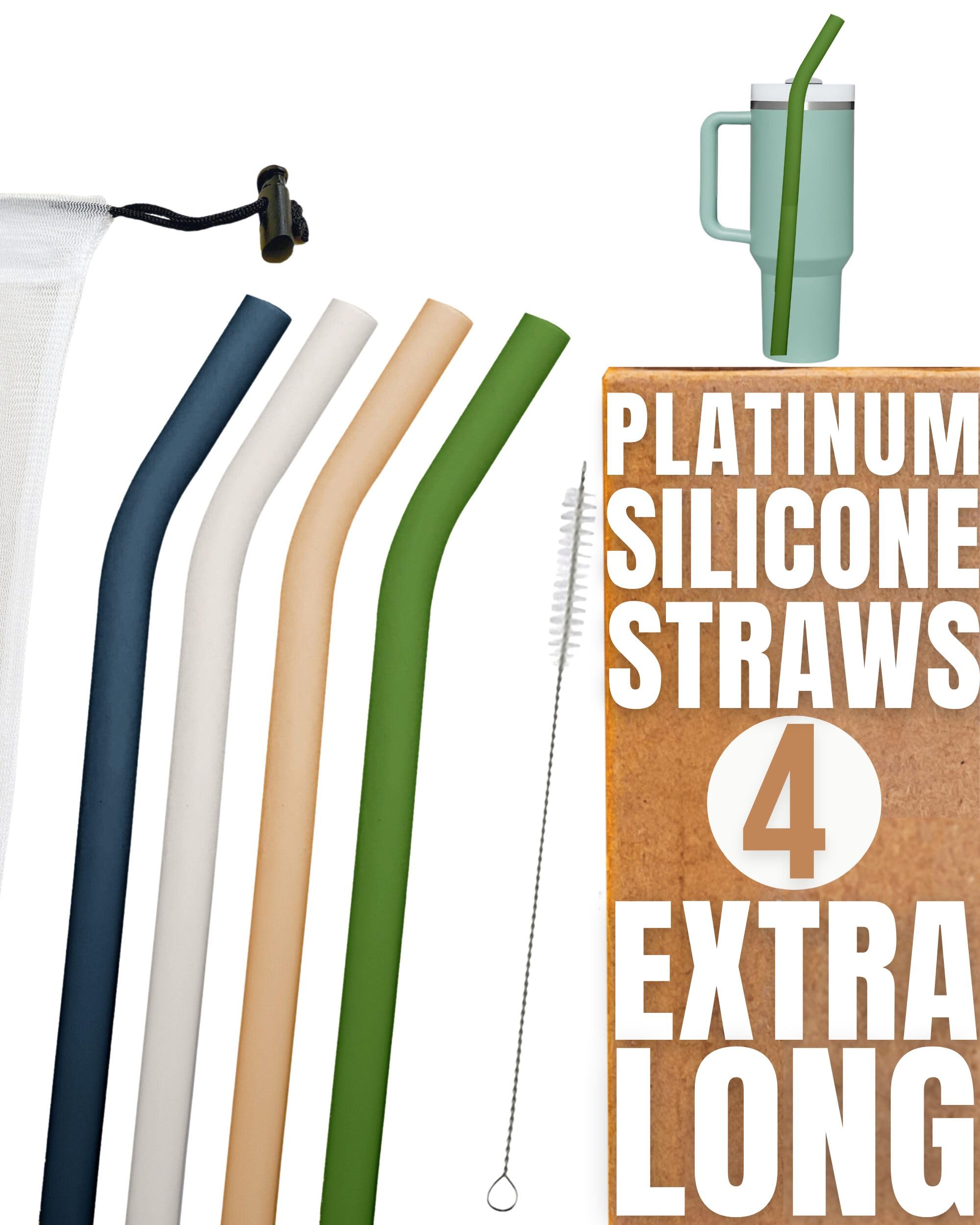 purifyou Extra Long 14.5 Reusable Silicone Straws with Flexible Tips, Cleaning Brush, & Portable Case  Fits with 40oz Stanley 