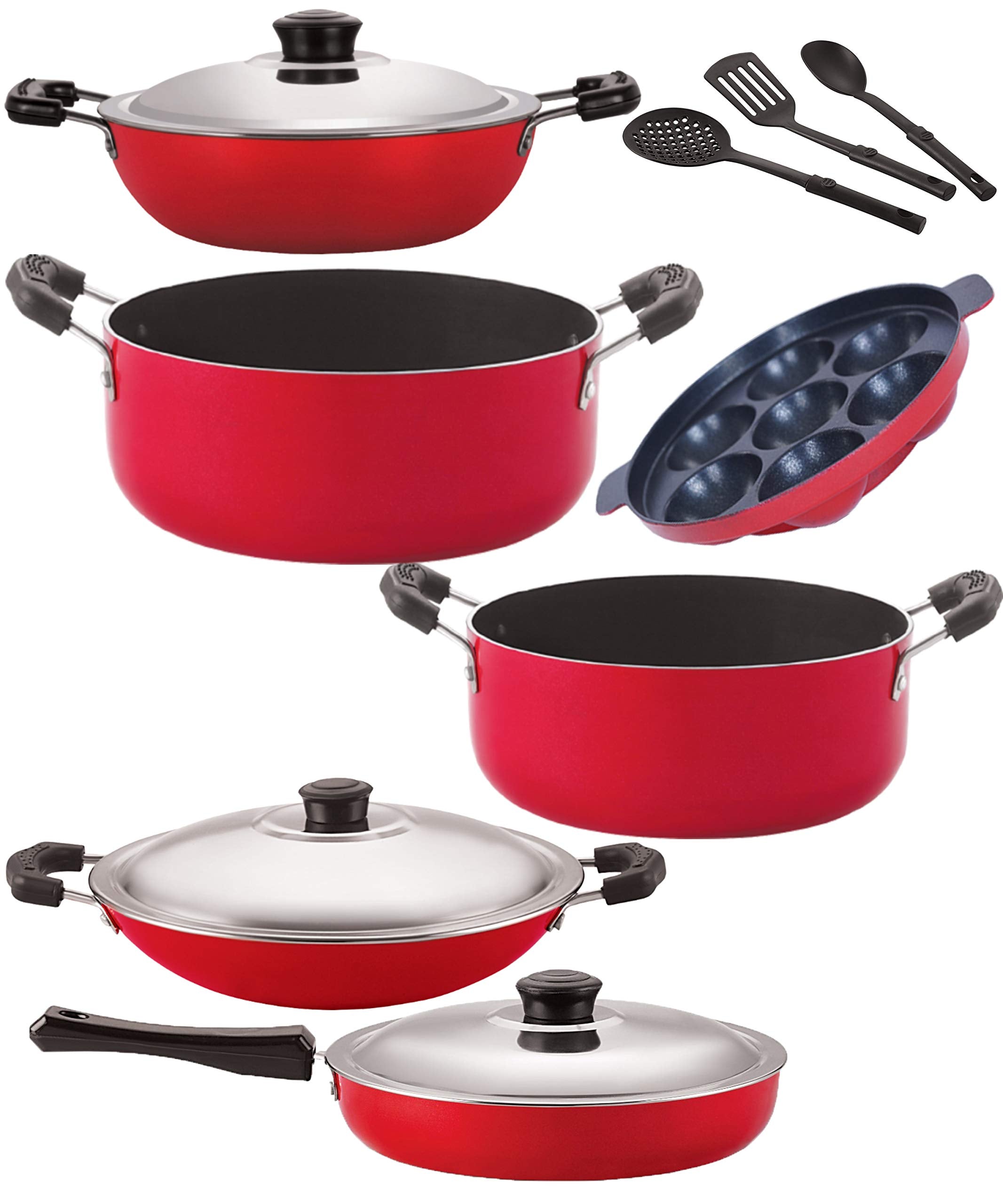 Nirlon Non Stick Cookware Pot & Pan Set Of 9 Pieces With Bakelight Handle(Dkd(J)_Cs20_Cs22_Ac_Ap7_Fp12_3Spn)