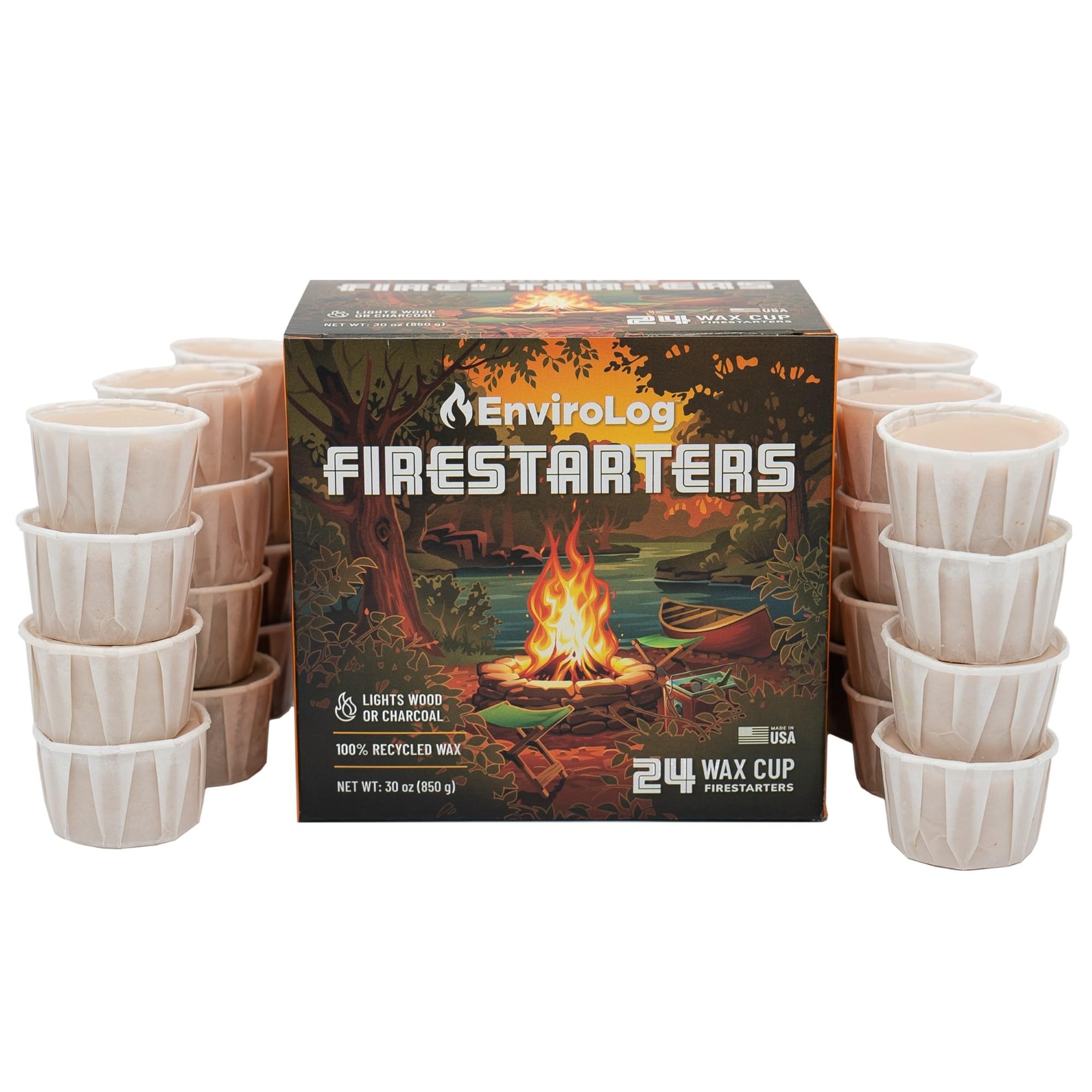 EnviroLog Firestarter Cups, 24 Count, for Bonfires, Fire Pits, BBQ Charcoal Grills, Smokers, Wood Fireplaces, & Camping - Made f