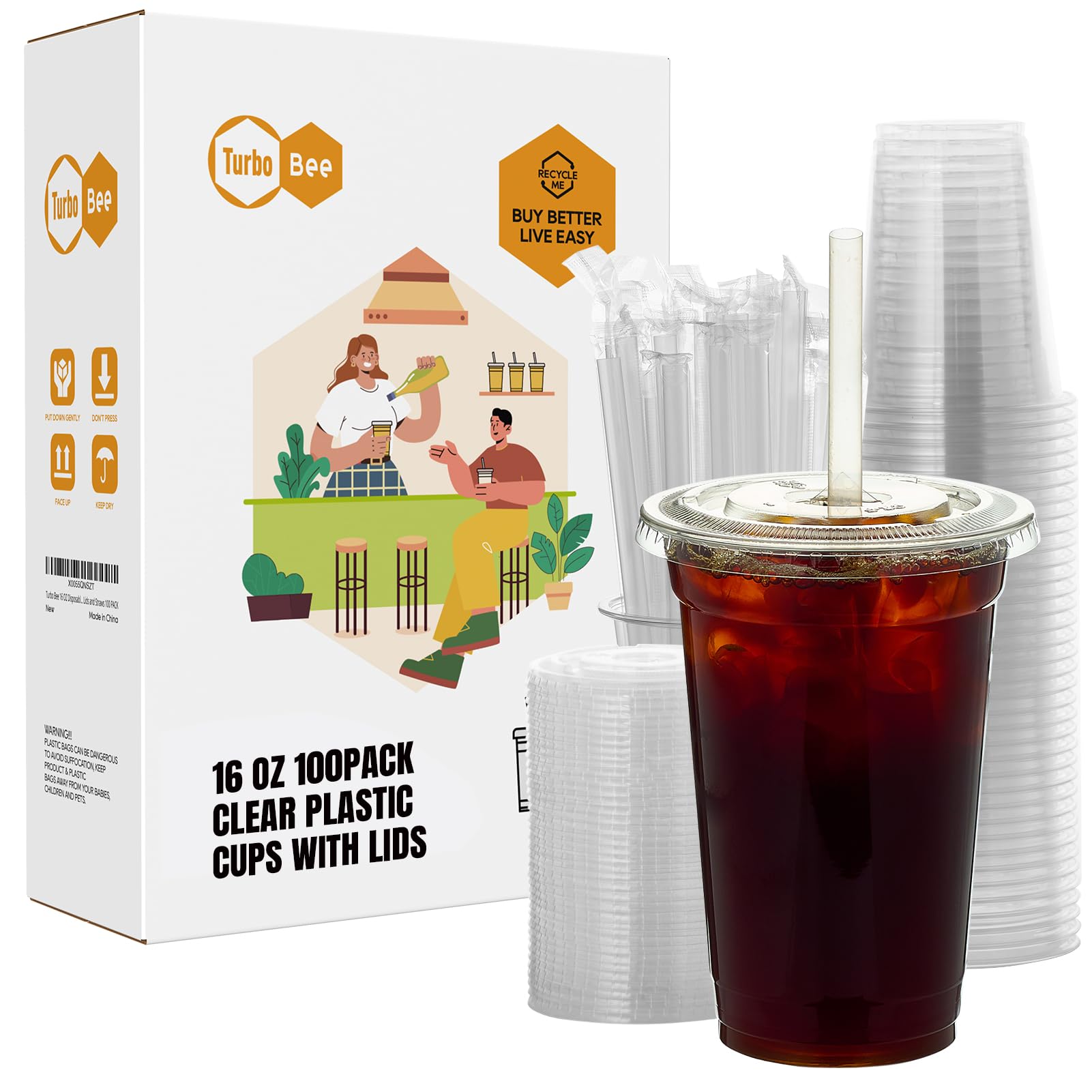 Turbo Bee 16 oz Disposable Plastic Cups with Lids and Straws, 100 Pack