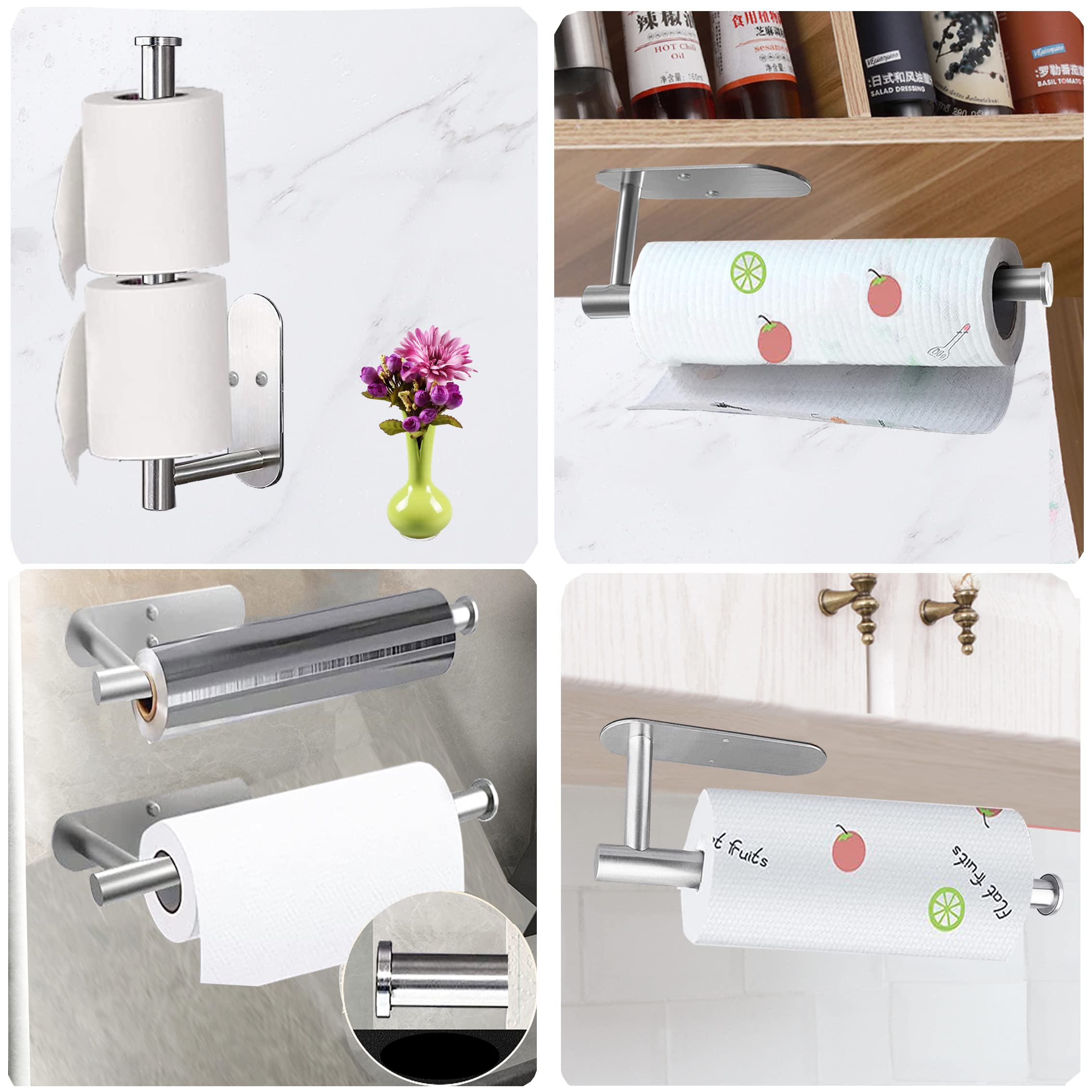 Paper Towel Holder-2Pcs Adhesives, Wall-Mounted Paper Towels Roll For Kitchen, Self-Adhesive Under Cabinet Kitchen Roll Holder,