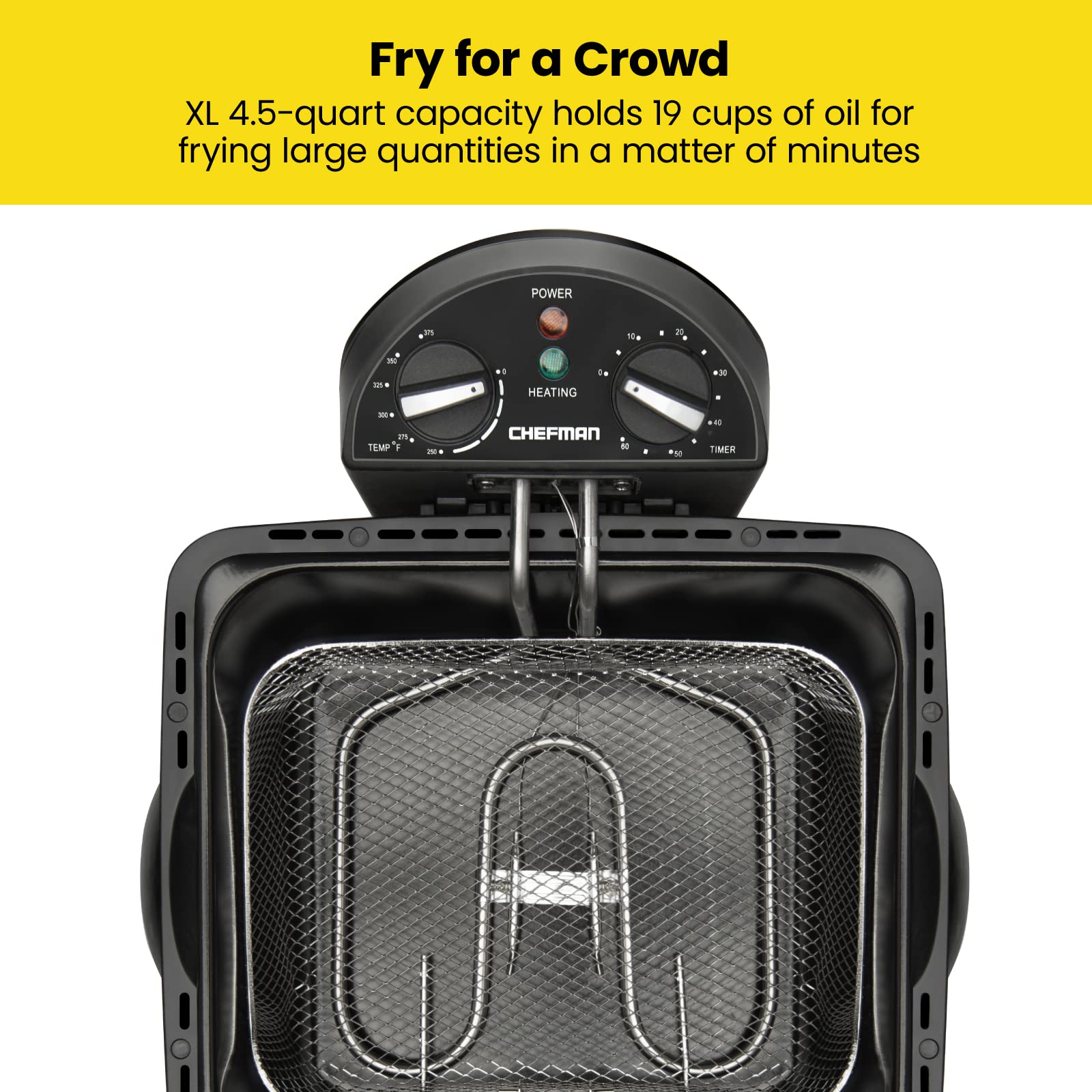 Chefman 4.5 Liter Deep Fryer W/Basket Strainer, Xl Jumbo Size, Adjustable Temperature & Timer, Perfect For Fried Chicken, Shrimp