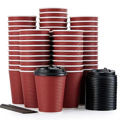 LITOPAK 80 Pack 12 oz Disposable Coffee Cups  Insulated Ripple Wall Paper Coffee Cups  Hot Paper Cups  Three Layer Insulated Coffee Cups with Lid and Straws for Parties  Picnics  and Travel.