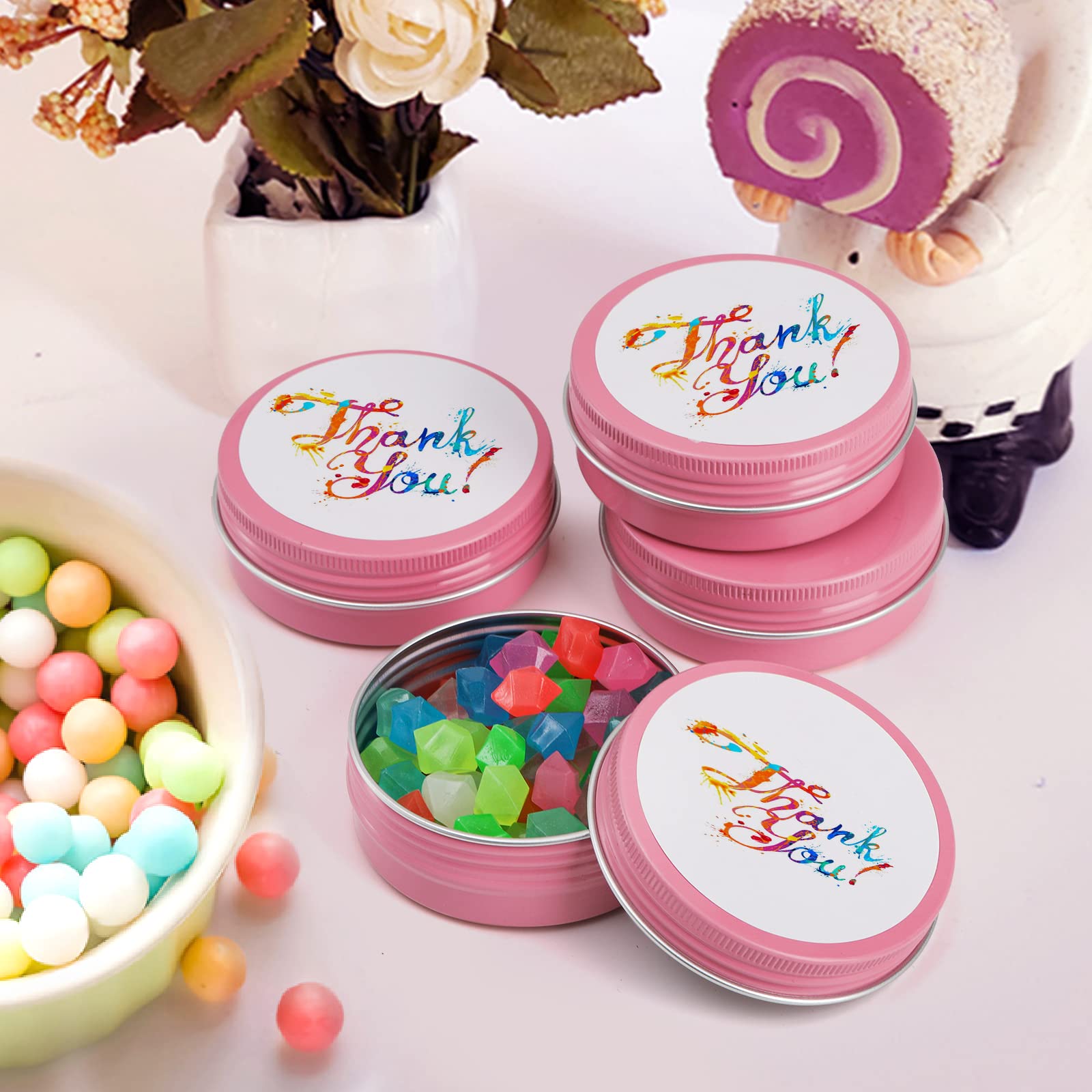 Foraineam 48 Pack 2 Oz Screw Top Round Tin Cans With White Labels, Pink Aluminum Cosmetic Sample Containers, Metal Empty Tins Tr