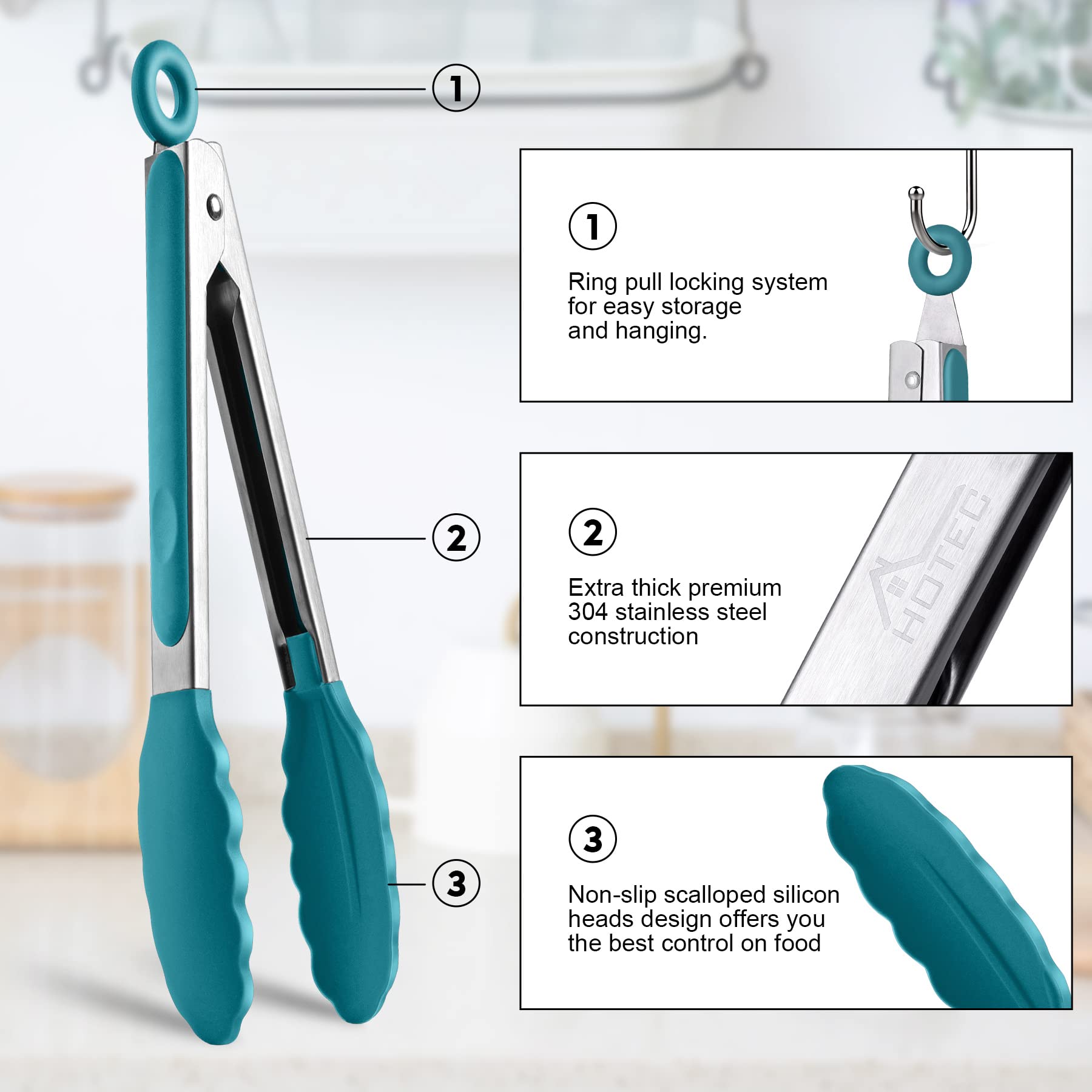 Hotec Premium Stainless Steel Locking Kitchen Tongs With Silicon Tips, Set Of 2-9'' And 12'', Turquoise