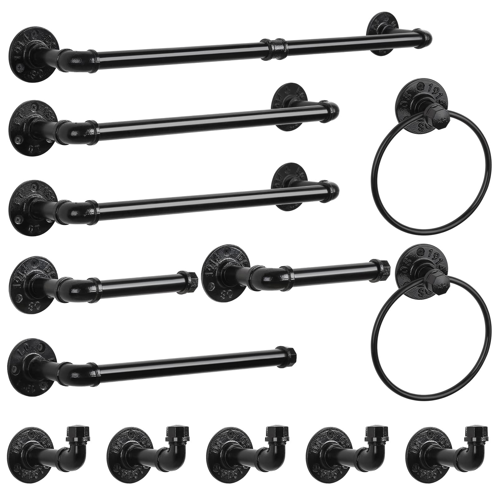 13-Pieces Towel Bar Set Black Bathroom Hardware Set Industrial Pipe Bath Towel Rack Accessories Kit Wall Hand Towel Bar  Toilet Paper Holder  Towel Ring  Robe Towel Hooks  Kitchen Tissue Paper Hanger