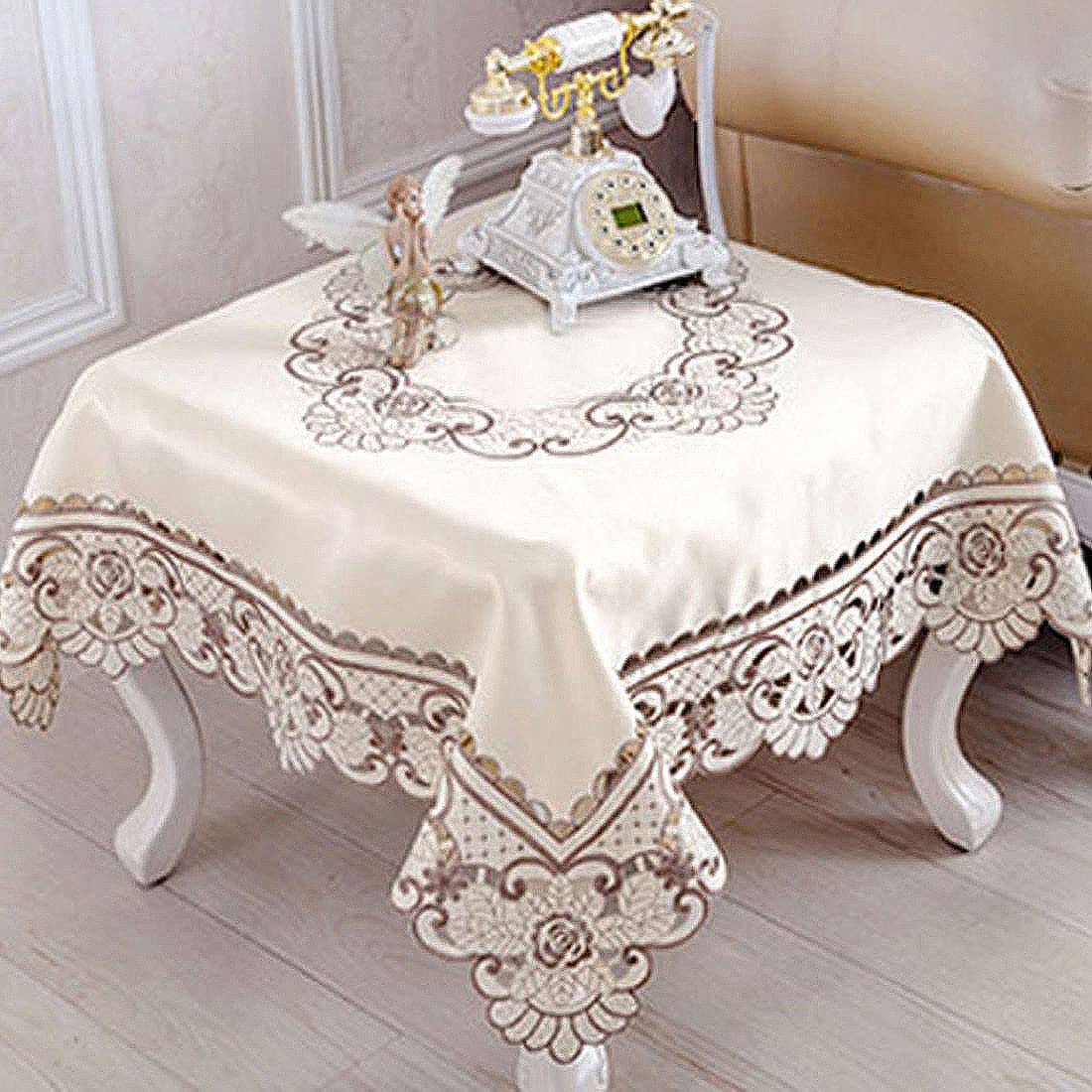 Lelehome 33 Inch X 33 Inch Square Classic Brown Flowers Embroidered Lace Beige Tablecloth, Vintage Dining Table Cloth Wrinkle Fr