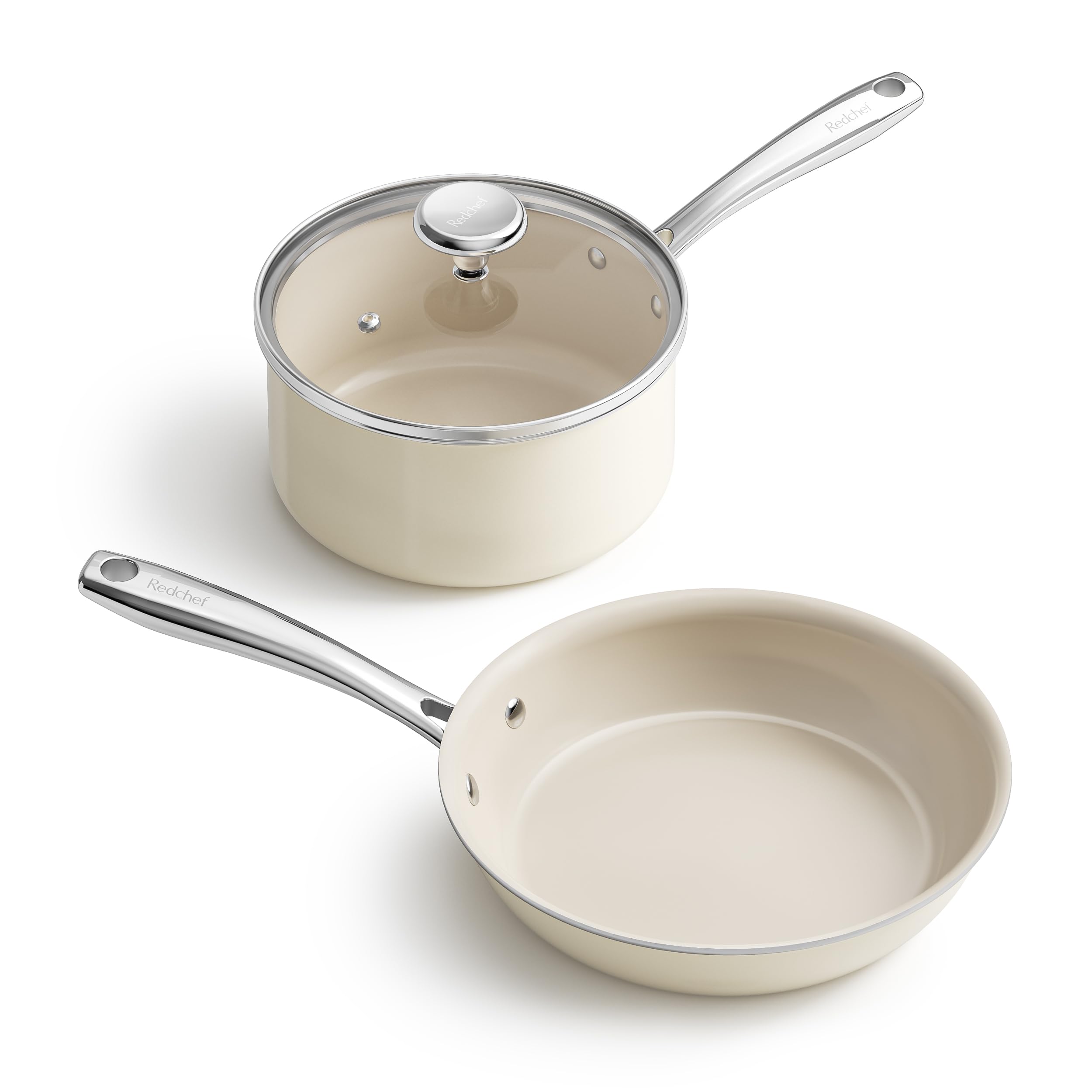 Redchef Mini Nonstick Cookware Set, NonStick Ceramic Fry Pan (8) Sauce Pan (2.5 Qt) With Tempered Glass Lids, Non Toxic, Ptfe 