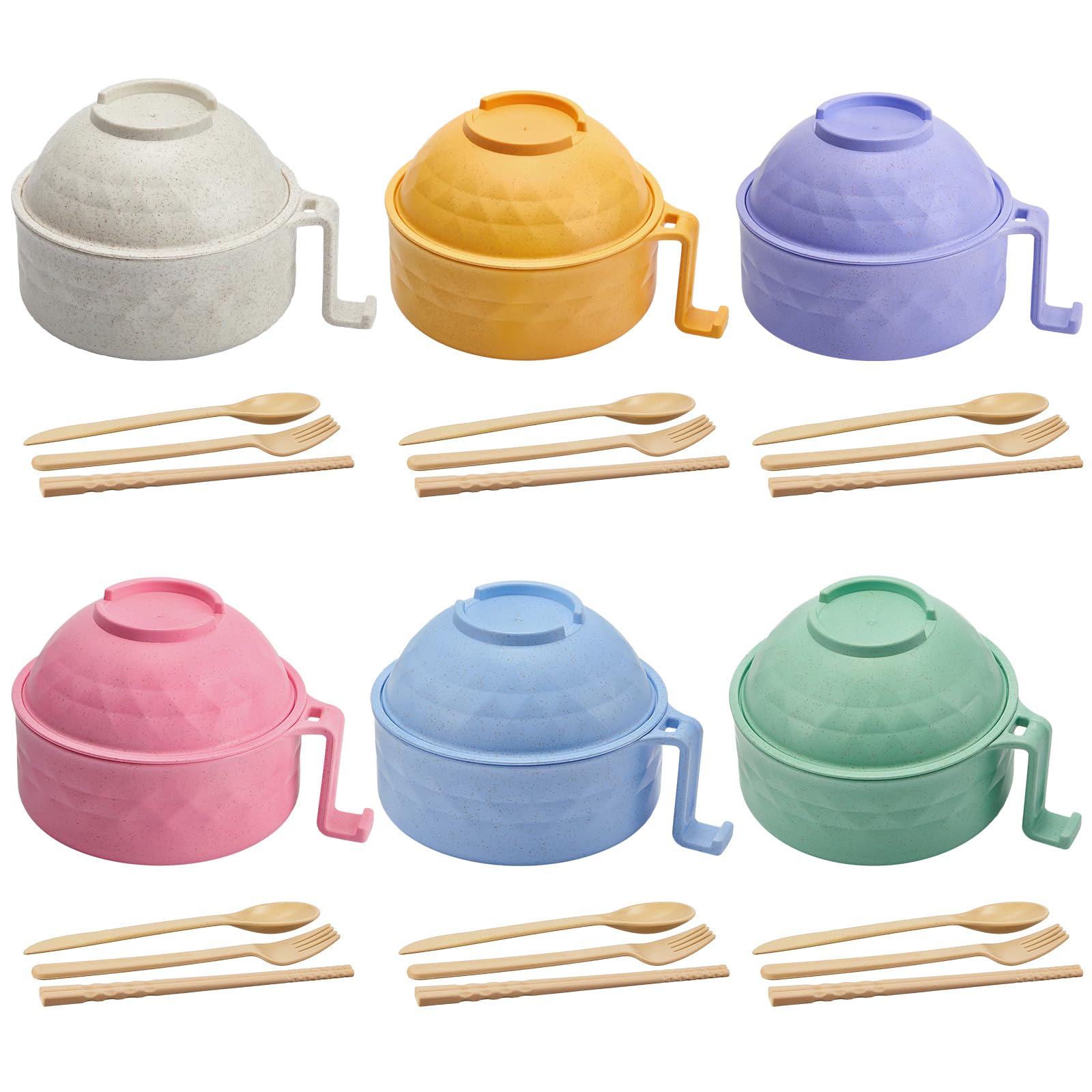 Romooa 6 Sets Microwave Ramen Bowl Set 33 oz Wheat Straw Instant Ramen Cooker Set Portable Noodle Cooker with Handle Noodle Bowl