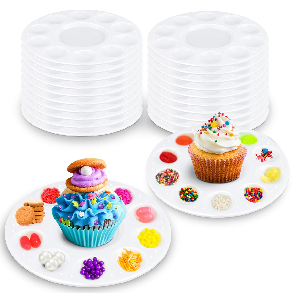 Aiersa Cupcake Decorating Plates For Kids Party, Kids Cupcake Holder Decorating Tray With 10 Wells For Dessert Sprinkles, Kids B