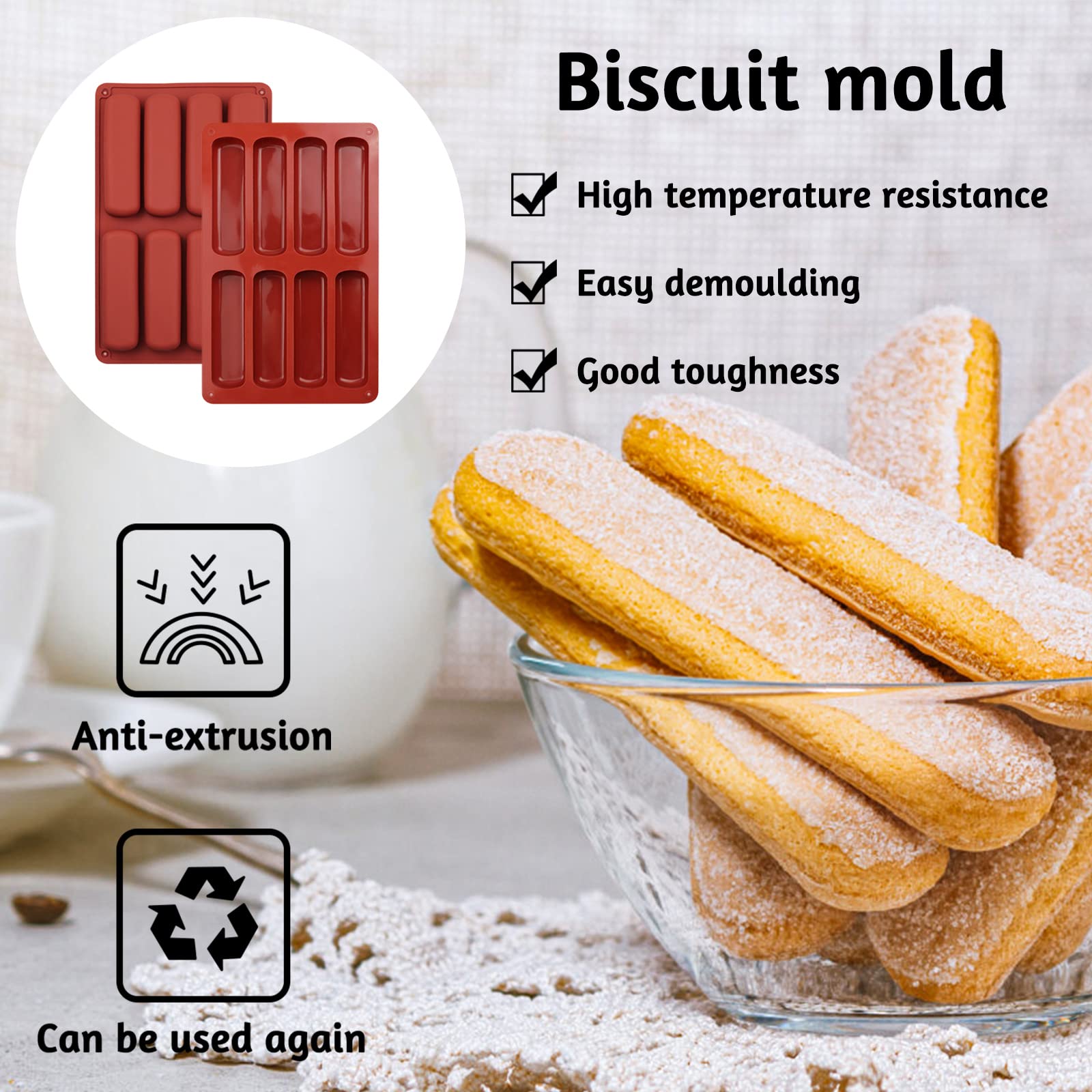 2 Pcs Finger Biscuit Silicone Mould, 8 Cavities Cereal Bars Baking Mould, Non-Stick Chocolate Bar Mold, For Cnady, Eclair, Bread