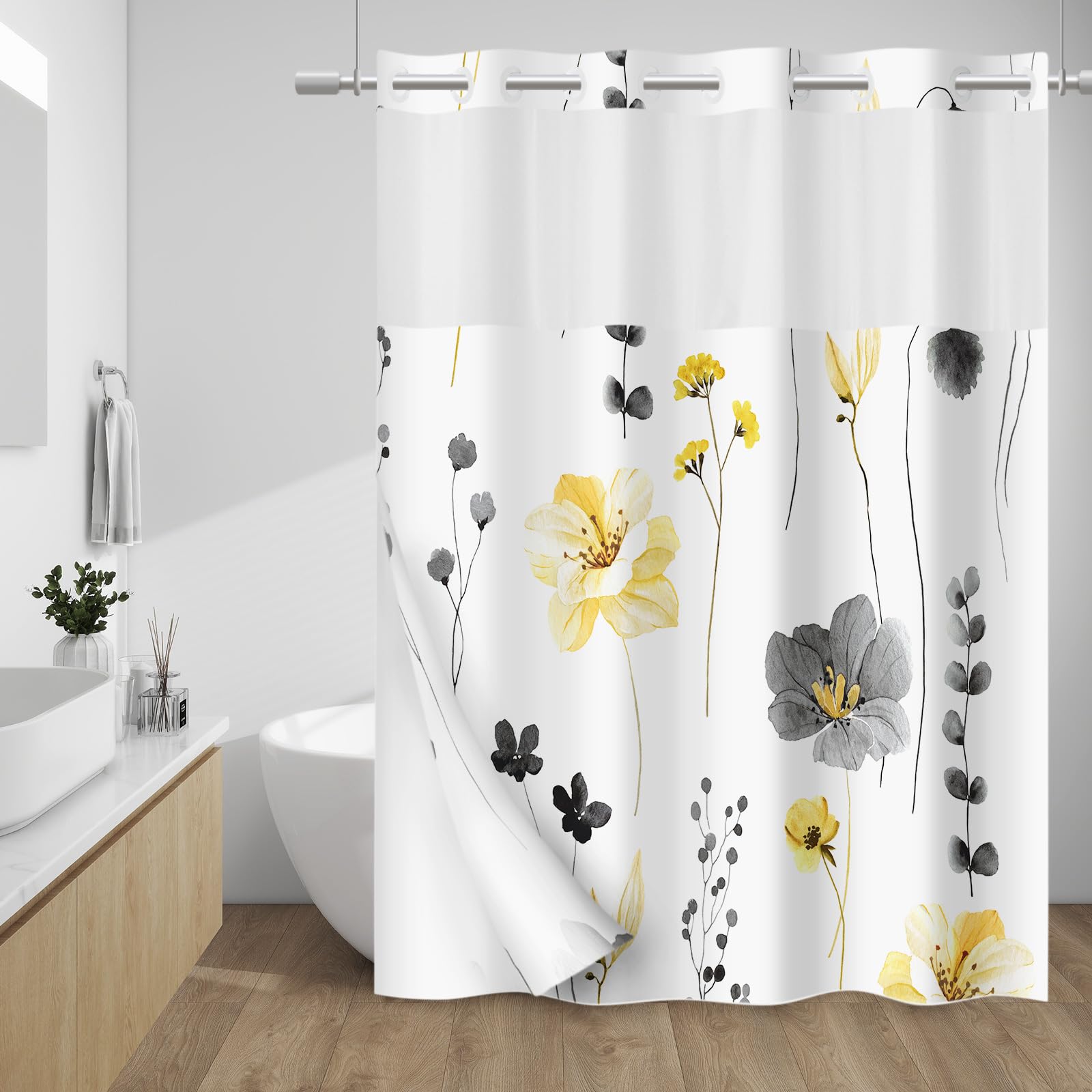 Withloc No Hook Shower Curtain With Snap In Liner - Floral Shower Curtain - Fabric Waterproof Inner Liner, Plants Watercolor Yel