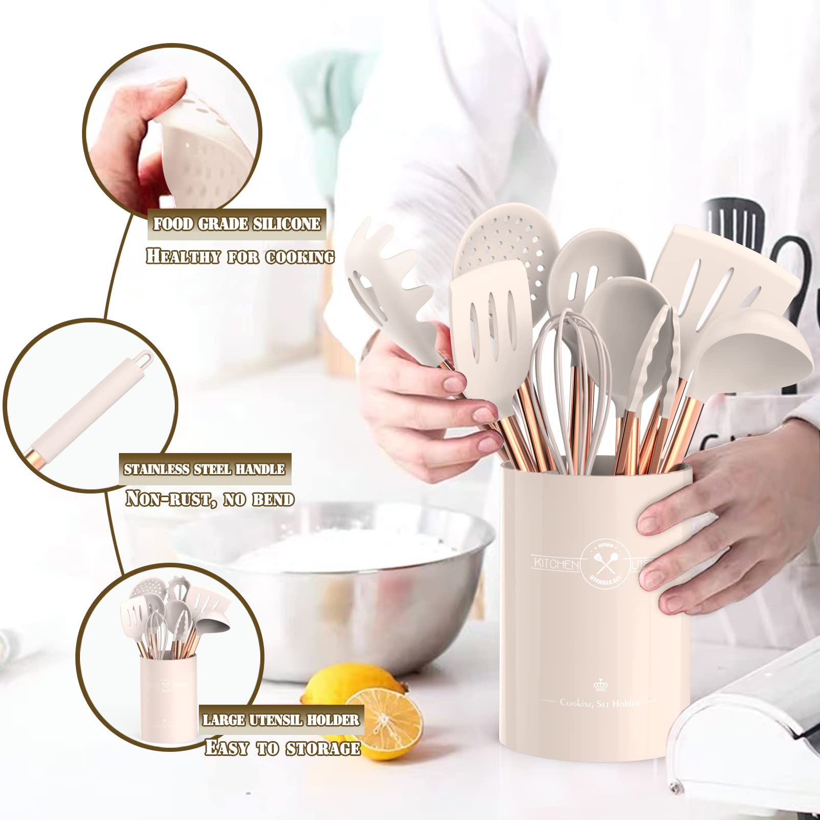 Umite Chef Silicone Kitchen Cooking Utensil Set, 43 Pcs Spatula Utensils Set With Rose Gold Stainless Steel Handle, Non-Stick He
