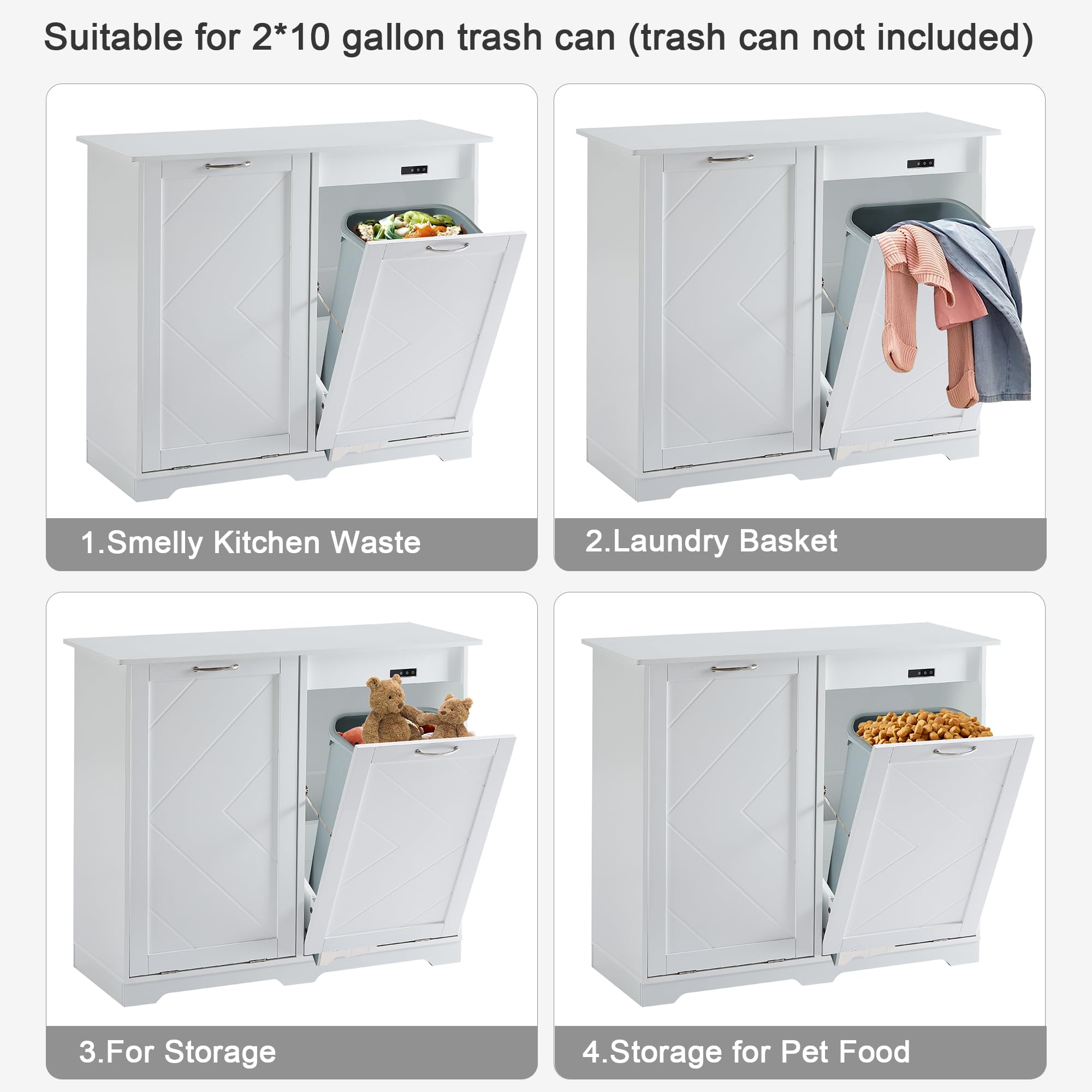 Vecelo Double Tilt Out Kitchen Trash Bin Cabinet Dog Proof Garbage Can With Wood Holder Free Standing Recycling, White