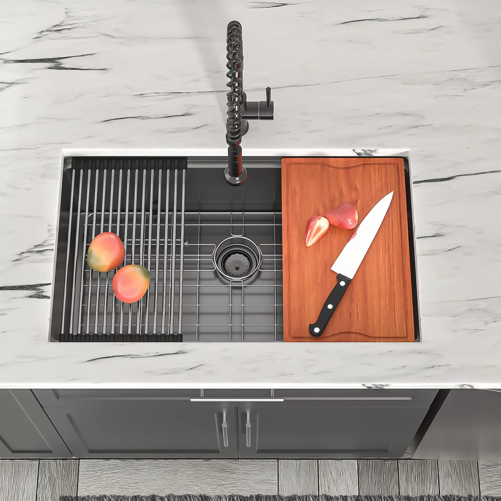 Dcolora 33'' Black Undermount Kitchen Sink Workstation Nano-Pvd Kitchen Sinks With Ledge Round Corner 16 Gauge Stainless Steel S